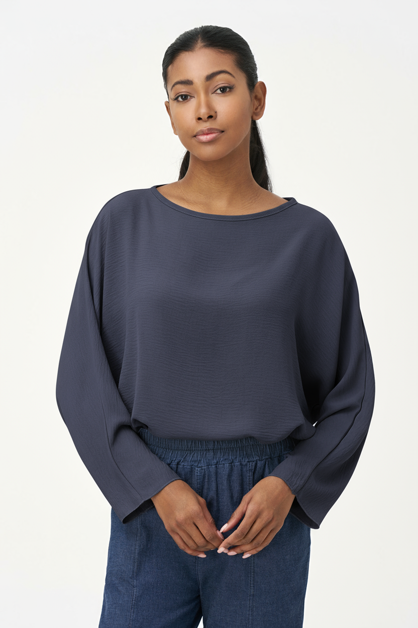 Women's Woven Long Sleeve V-Neck Top With A Boat-Neckline