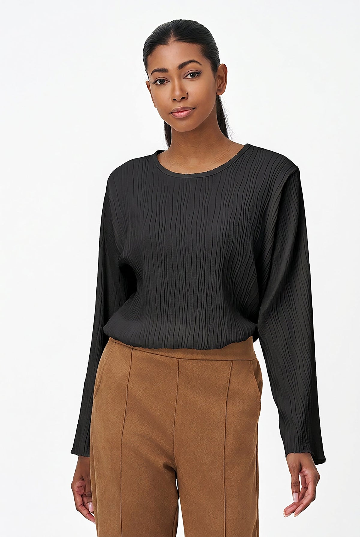 Women's Textured Crew-Neck Top, Long Sleeves & Buttoned Keyhole Back