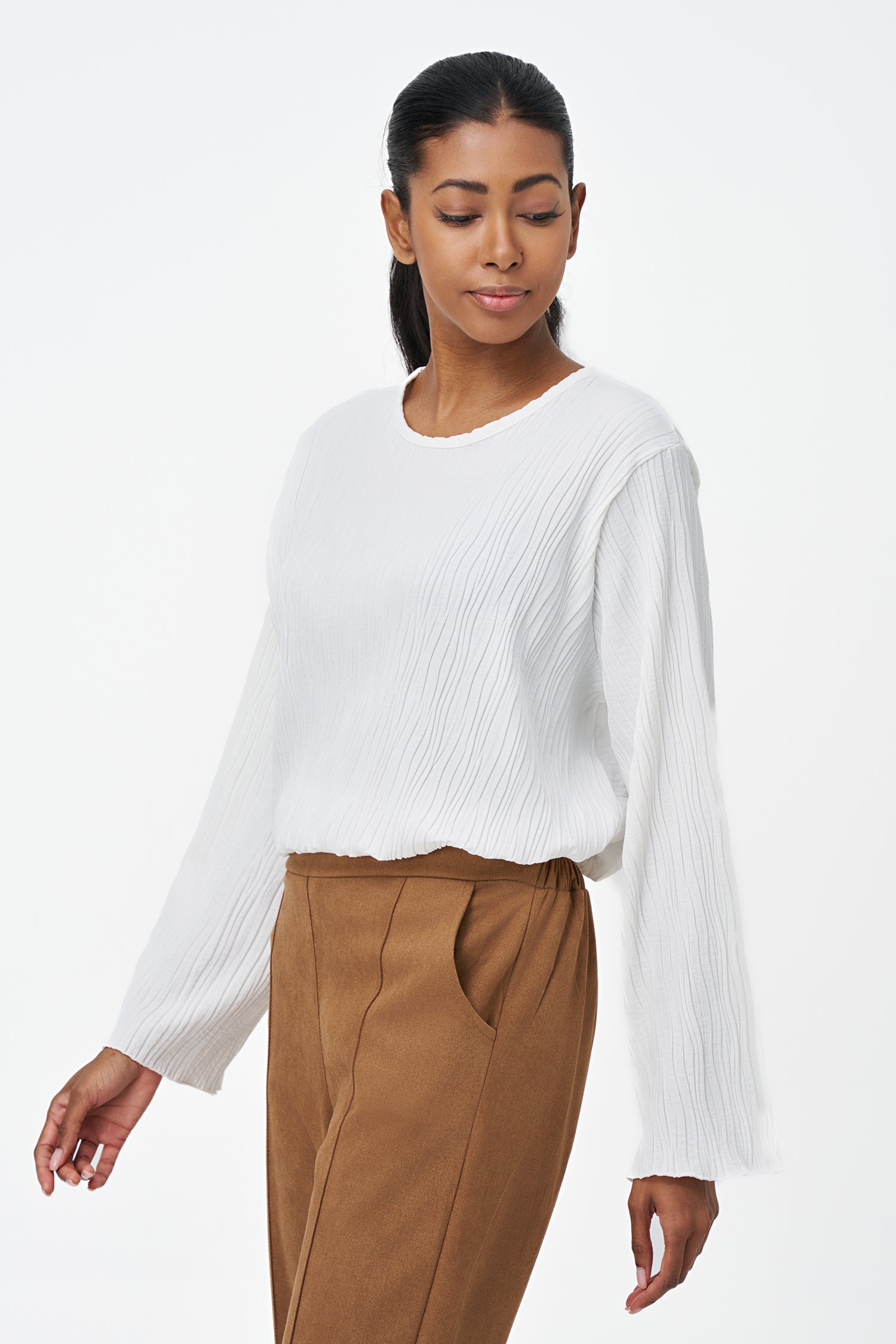 Women's Woven Crew-Neck Long Sleeve Top