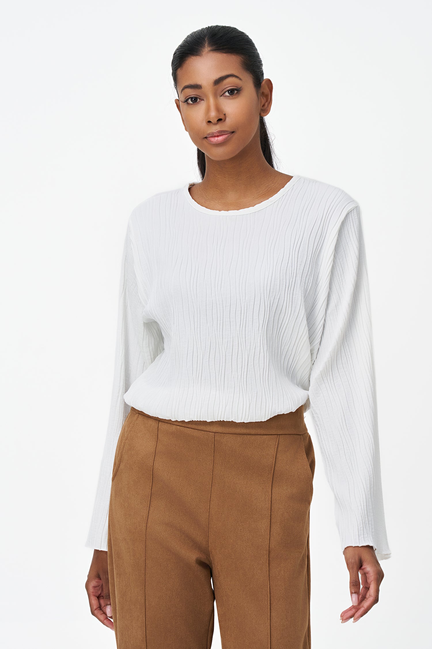 Women's Woven Crew-Neck Long Sleeve Top