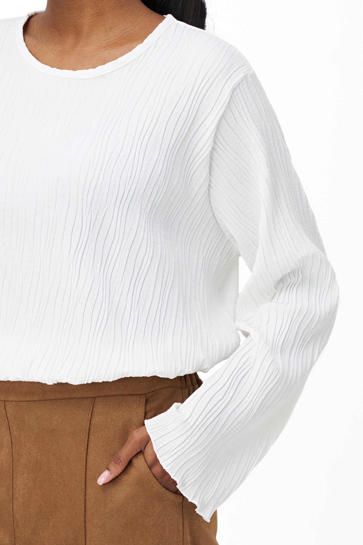 Women's Woven Crew-Neck Long Sleeve Top