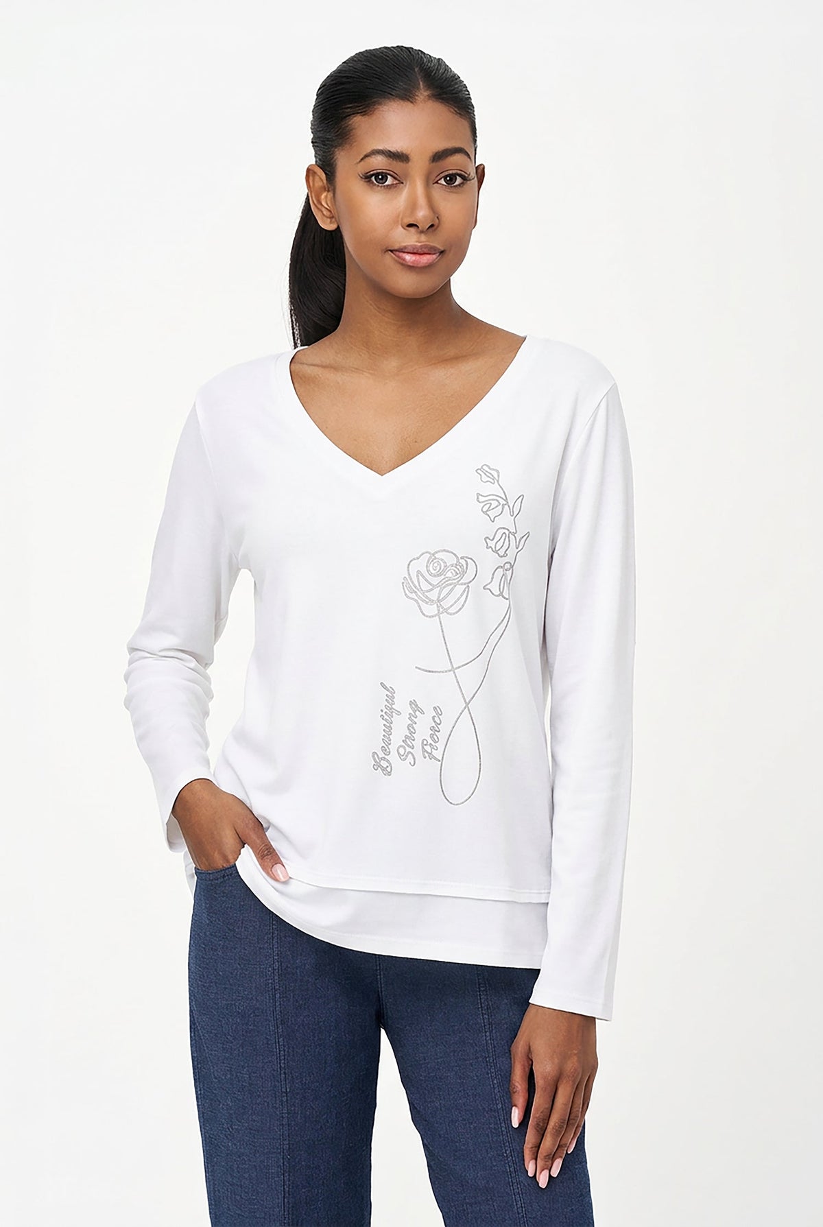 Women's Placement-Print V-Neck Top, Long Sleeves & Uneven Hem
