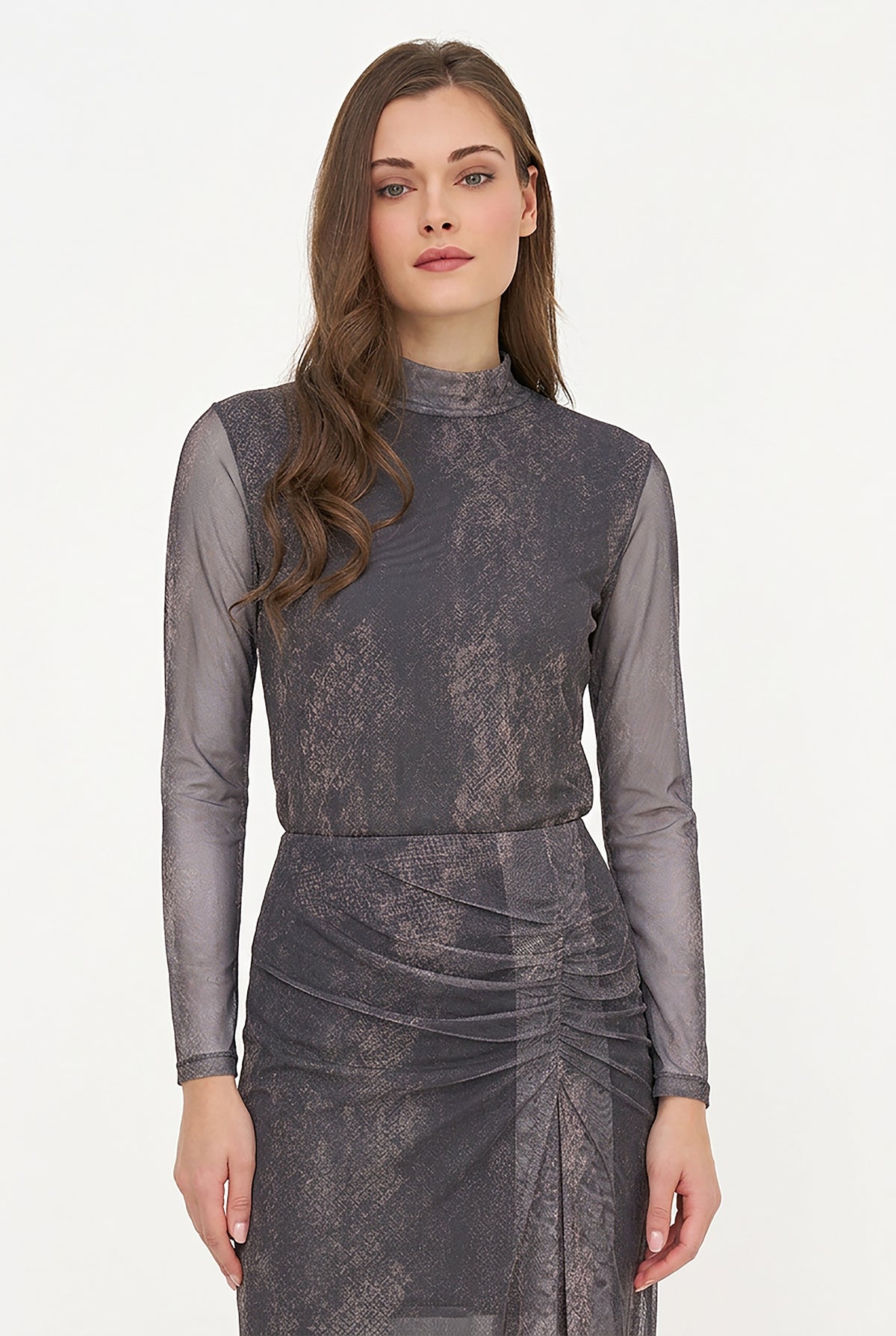 Women's Mesh-Knit Printed Top, with a Mock Neckline & Long Sleeves