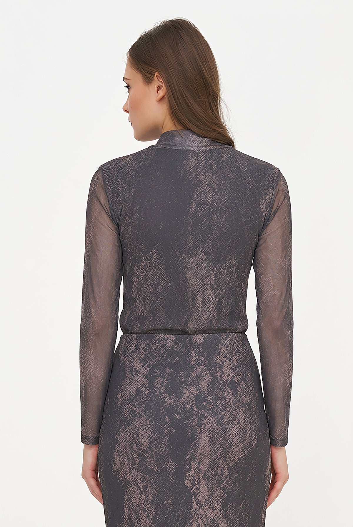 Women's Mesh-Knit Printed Top, with a Mock Neckline & Long Sleeves