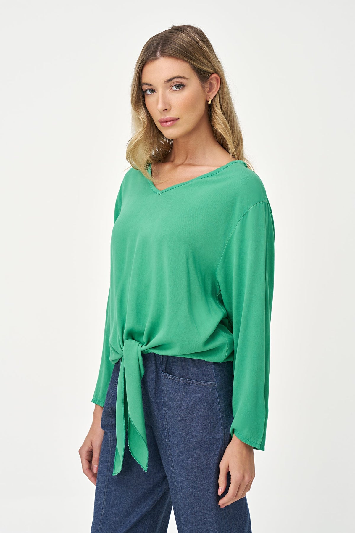 Women's Woven V-Neck Top with Long Sleeves & Front Tie Hem
