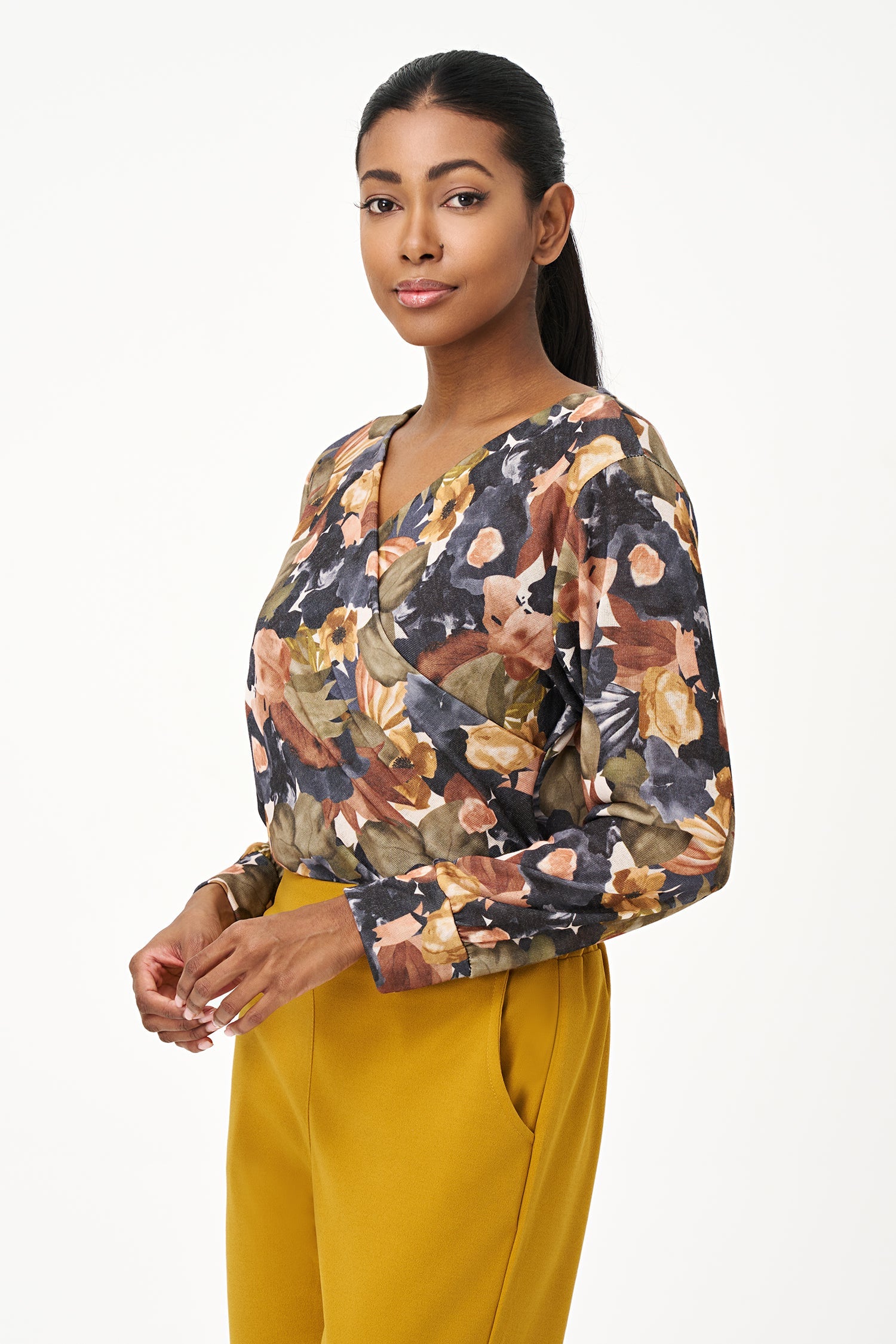 Women's Knit Cross-Over V-Neckline Long Sleeve Top