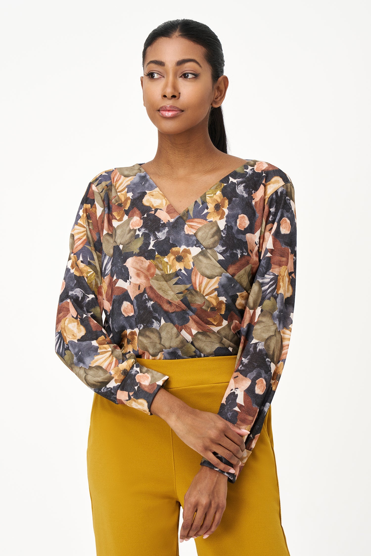 Women's Knit Cross-Over V-Neckline Long Sleeve Top