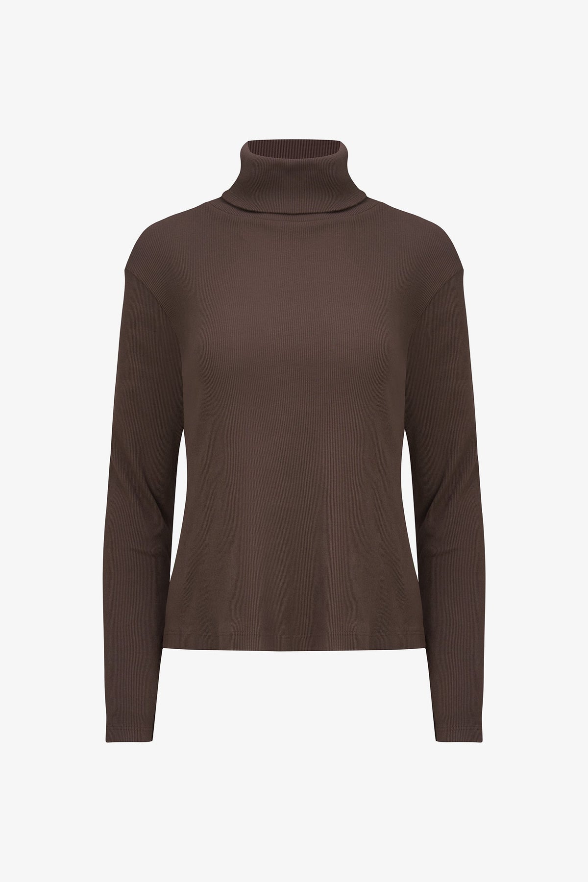 A dark brown long-sleeve turtleneck sweater displayed on a ghost mannequin against a plain white background.