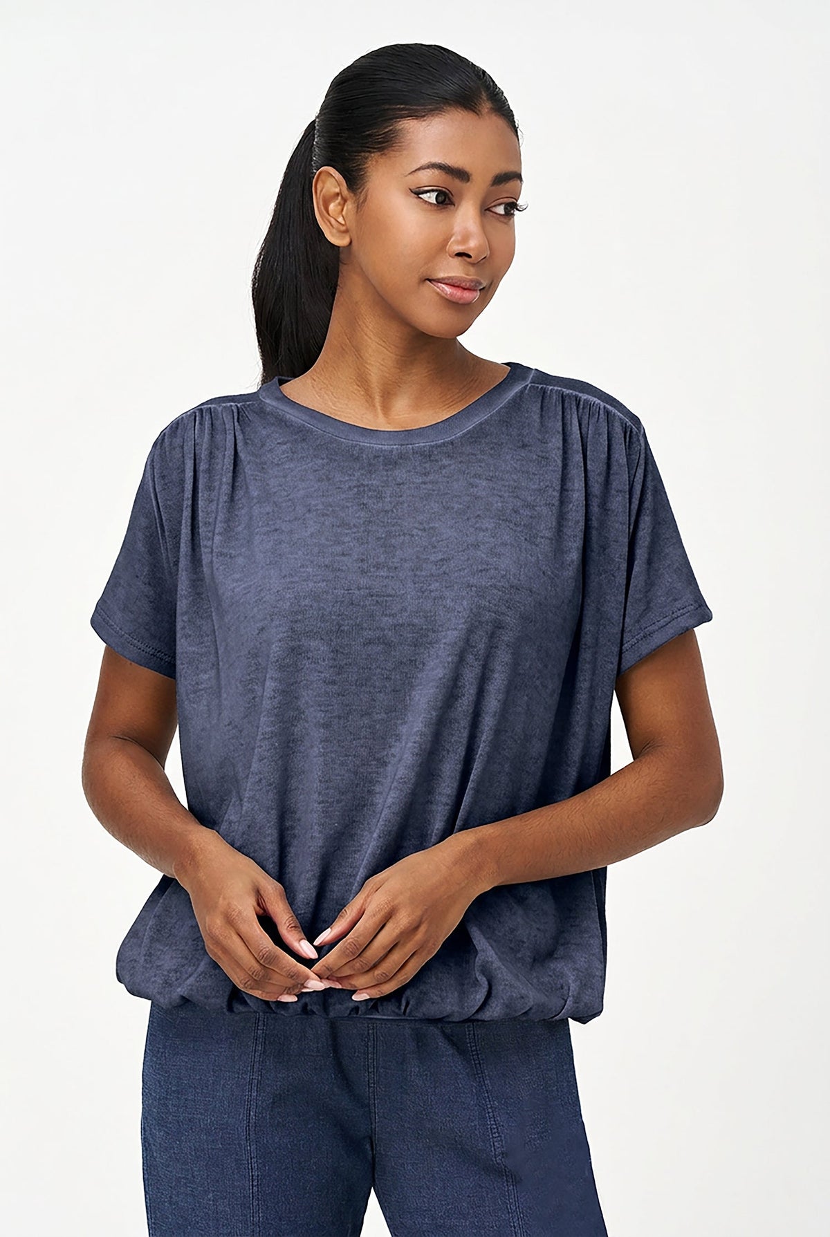 Women's Knit Crew-Neck Top, Short Sleeves, Ruched Shoulders & Waist