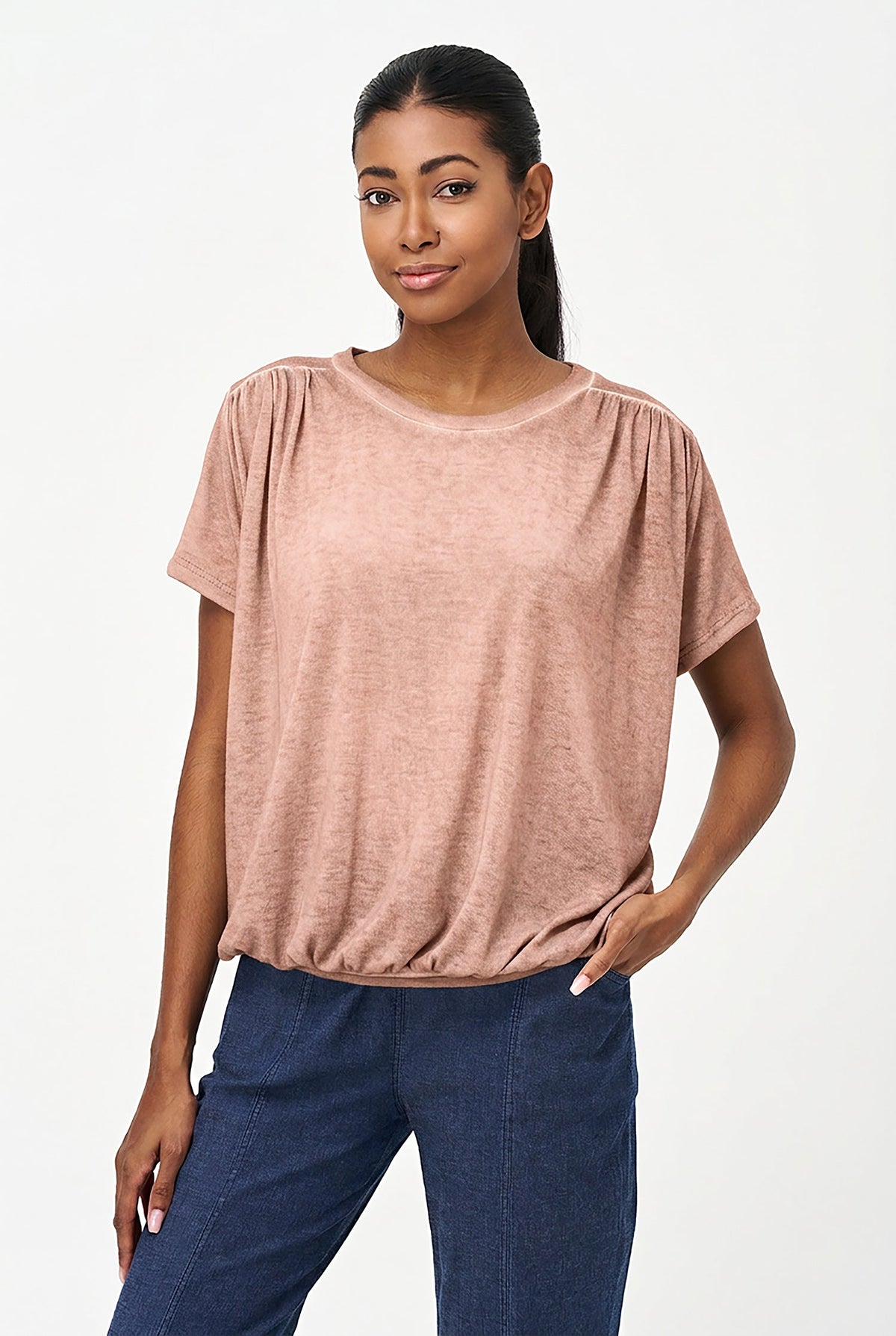 Women's Knit Crew-Neck Top, Short Sleeves, Ruched Shoulders & Waist