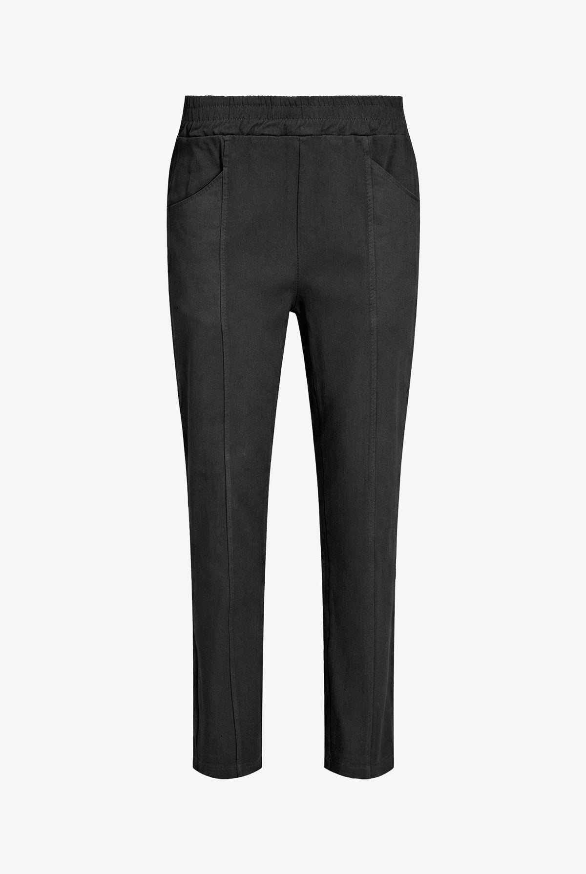 Black cropped trousers with a straight-leg fit, side pockets, and a front crease down each leg, shown against a plain light gray background.