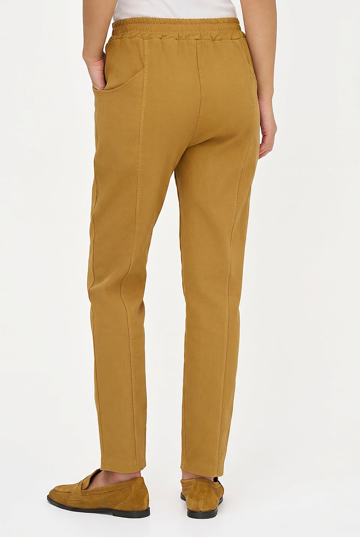 A person shown from the back wearing slim-fit mustard yellow trousers, a white top, and matching loafers against a plain light background.