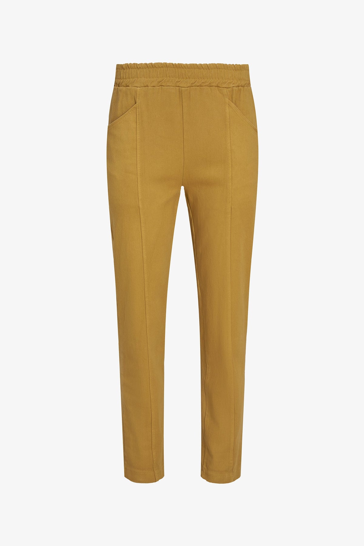 A pair of cropped trousers in a warm mustard yellow color, shown against a plain white background.