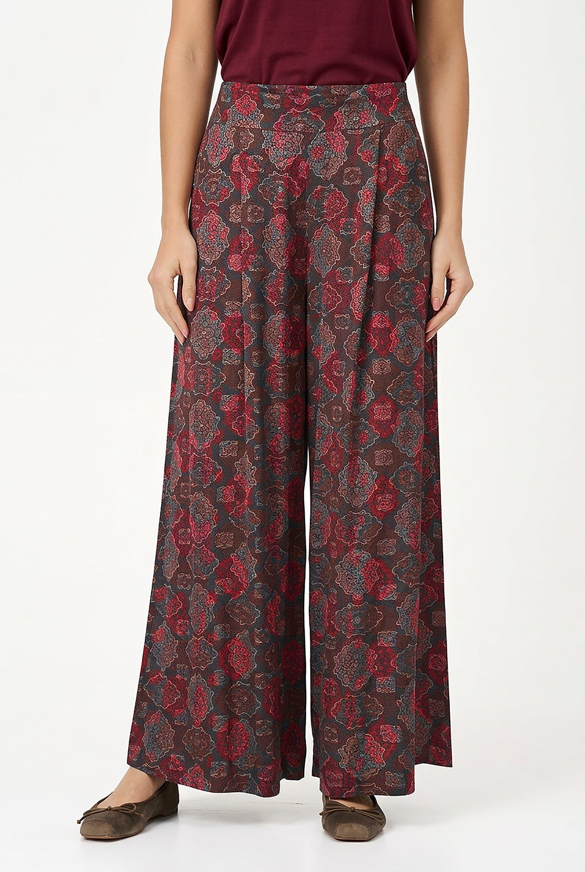 Women's Printed Woven Wide-Leg Pull-On Pants with Slash Pockets