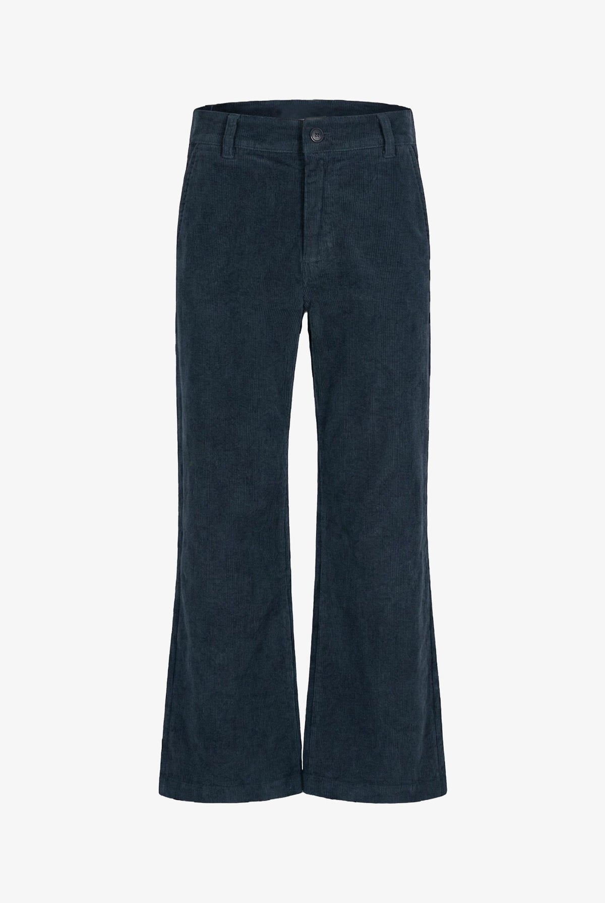 Dark navy blue wide-leg corduroy trousers shown flat against a light gray background.