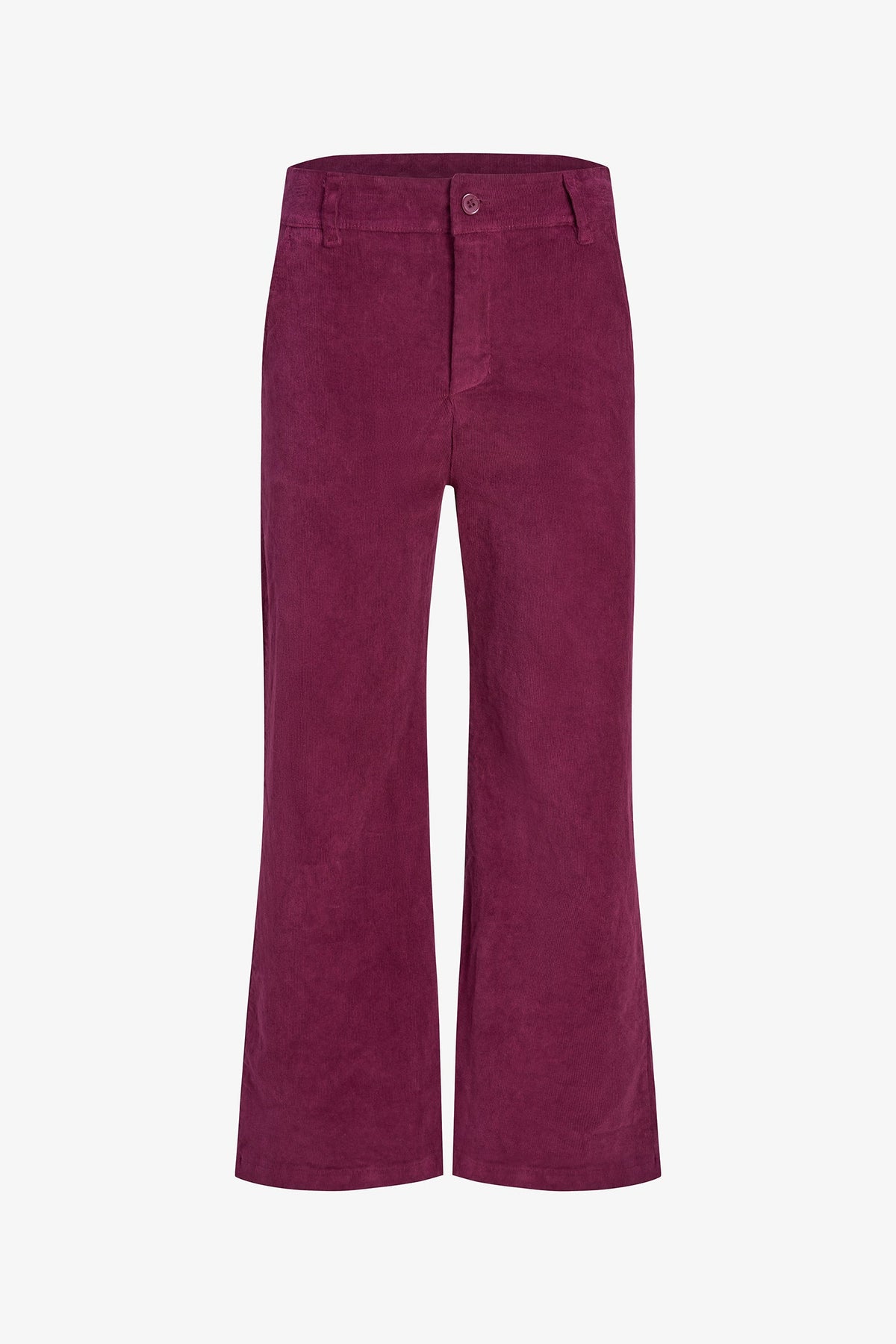 A pair of wide-leg cropped pants in a deep magenta corduroy fabric, shown against a plain white background.