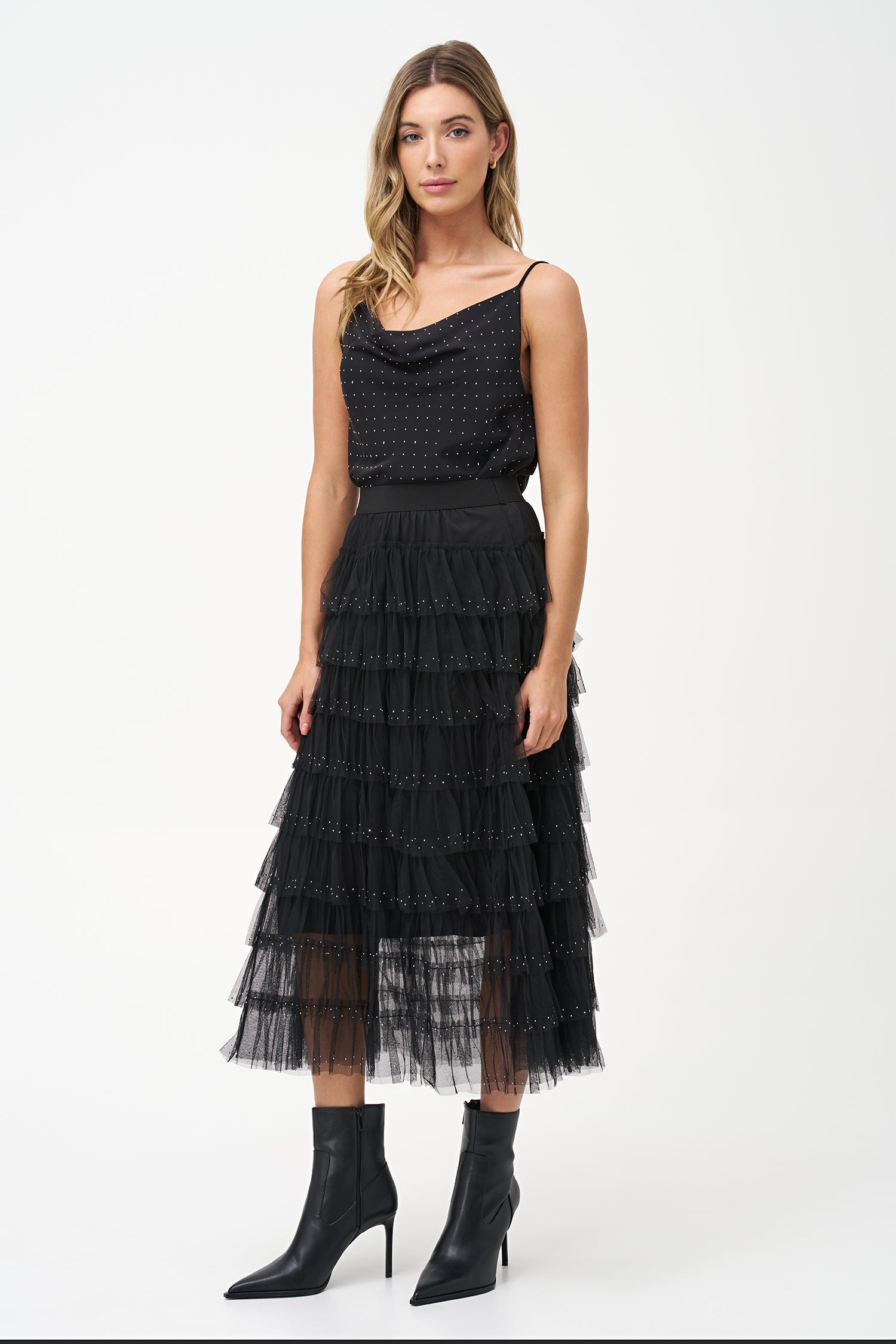 Women's woven camisole, with a cowl neckline and decorative studs
