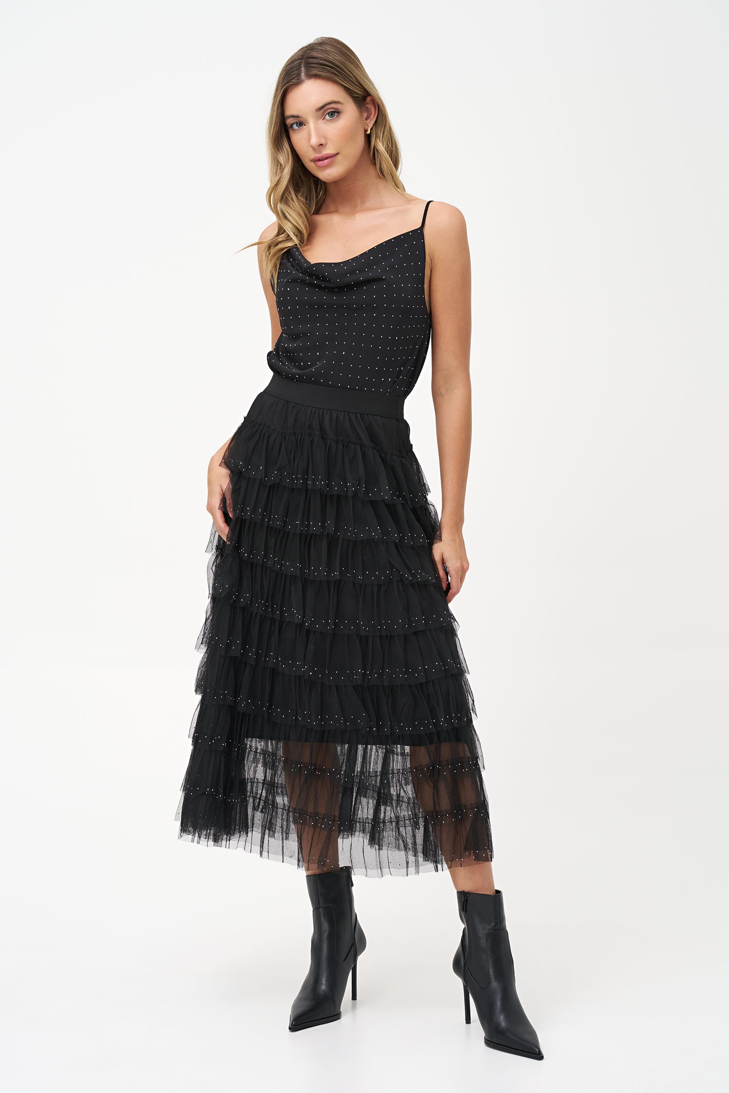 Women's woven camisole, with a cowl neckline and decorative studs