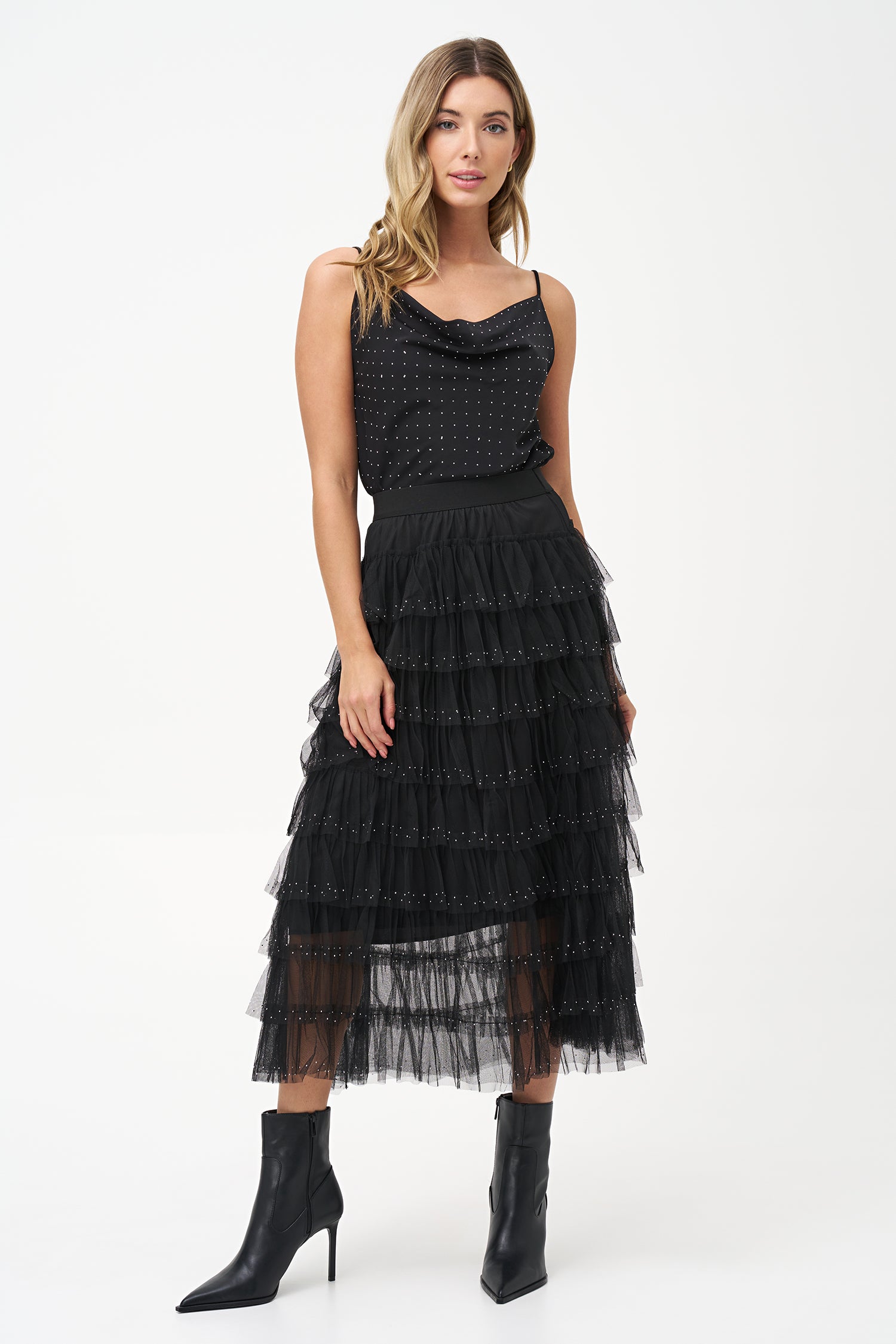 Women's woven camisole, with a cowl neckline and decorative studs