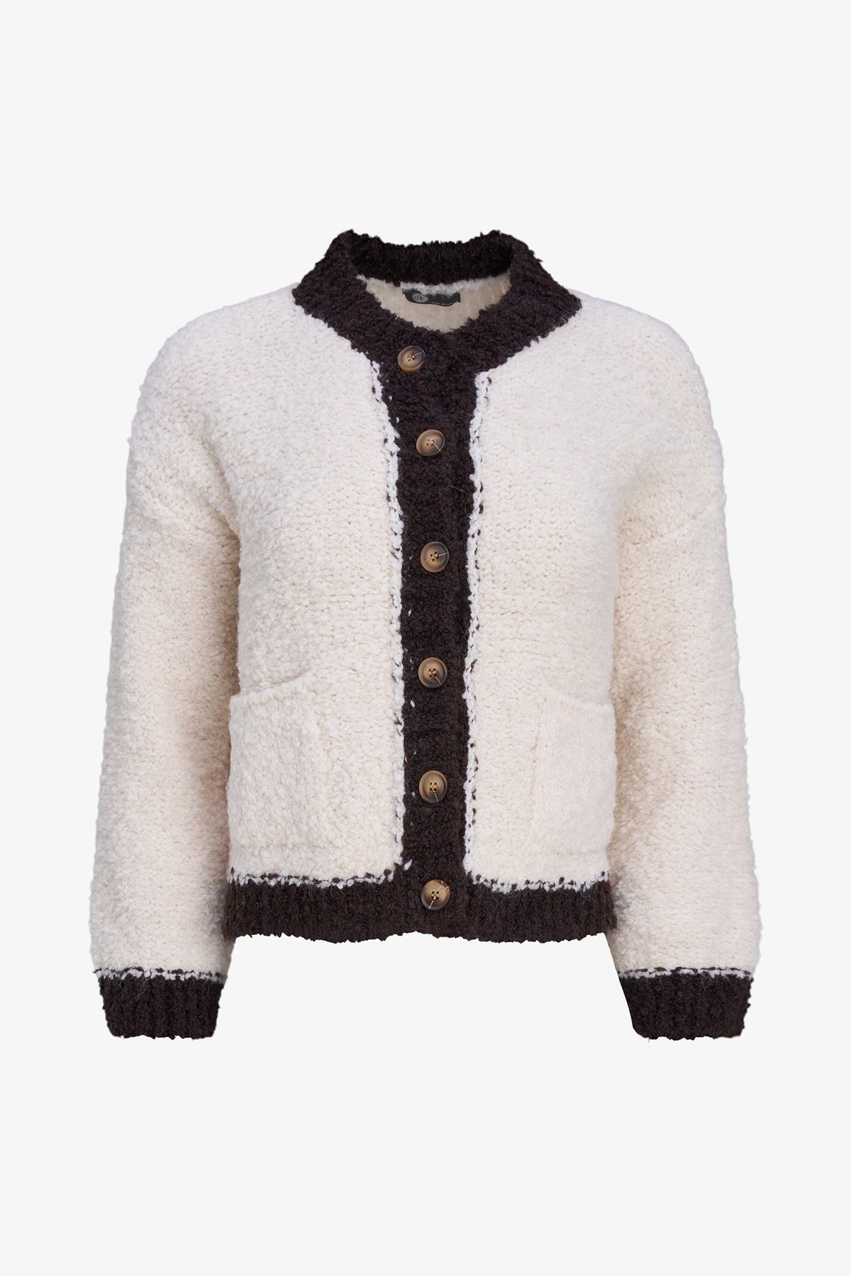 A cream-colored bouclé cardigan sweater with dark brown ribbed trim, a dark brown button-up front, and brown buttons, shown on a plain white background.