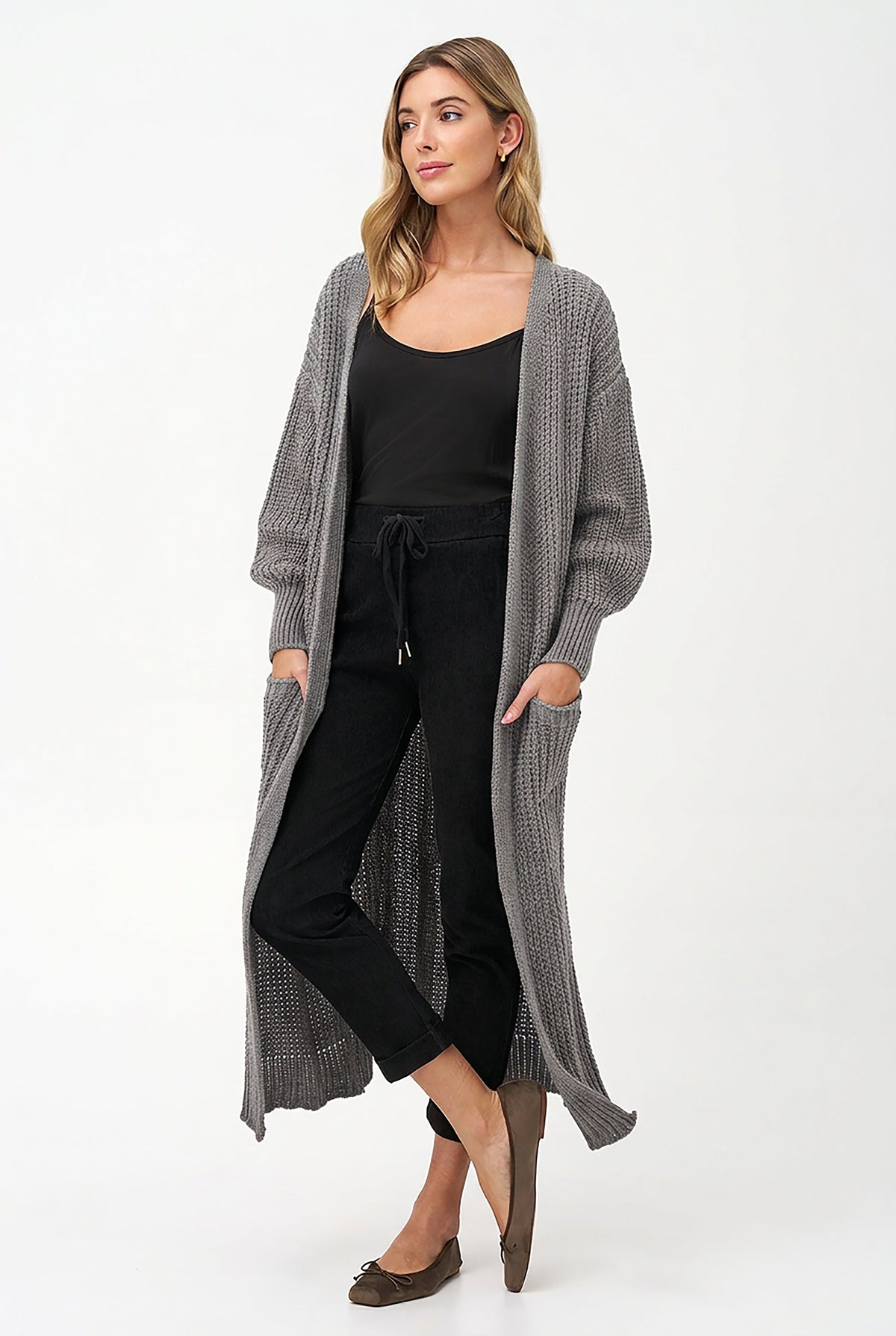 Women's Knit Open Cardigan, Long Sleeves, Patch Pockets & Cable Back