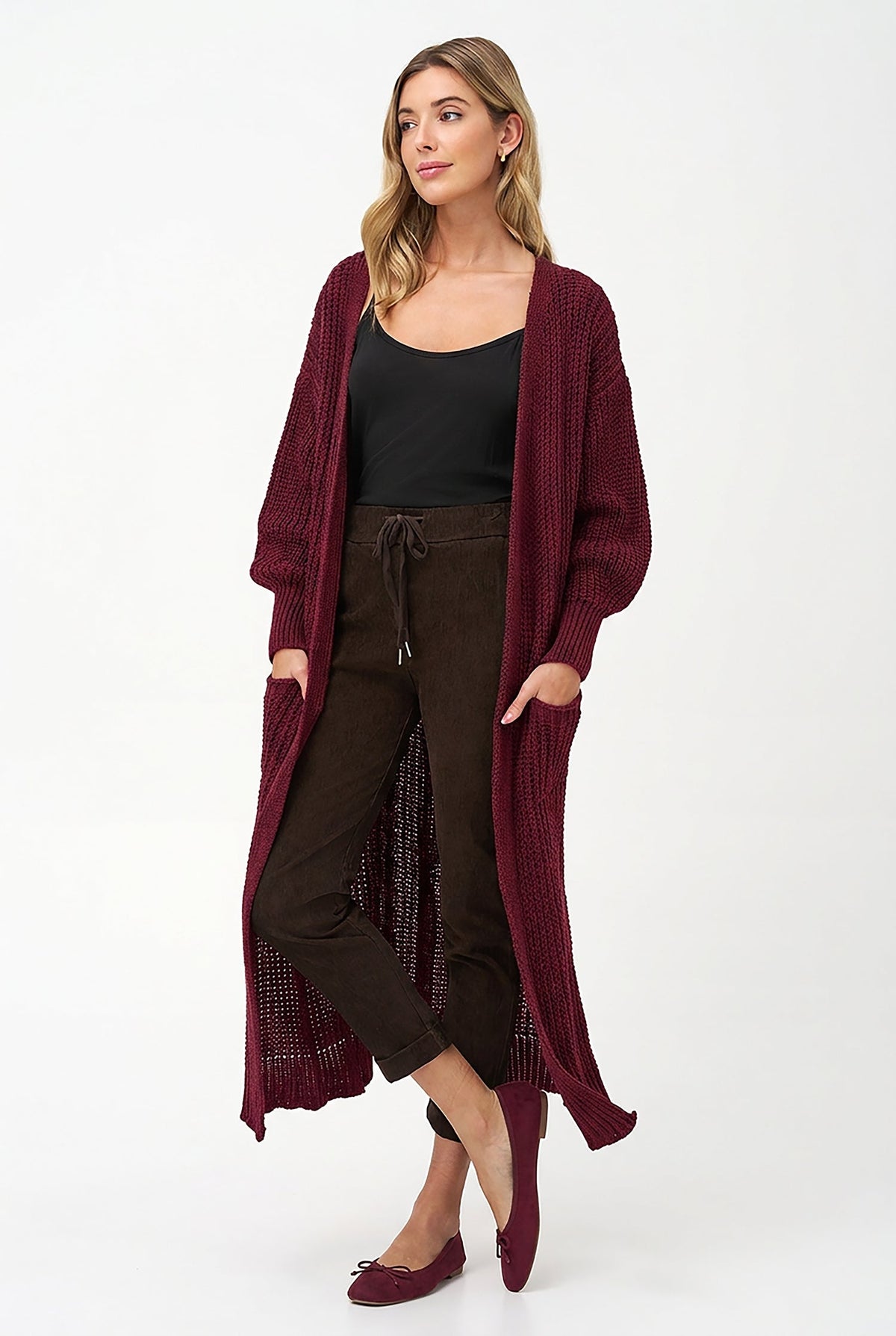 Women's Knit Open Cardigan, Long Sleeves, Patch Pockets & Cable Back
