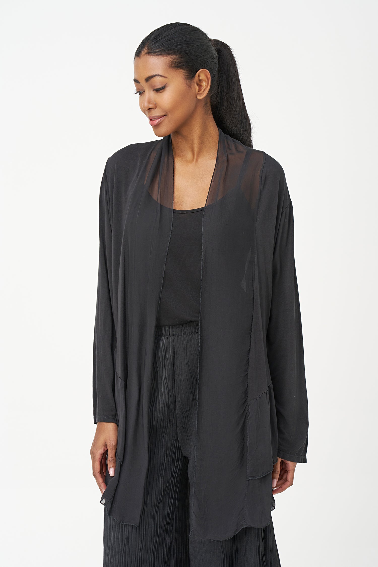 Women's Woven And Knit Combo Cardigan