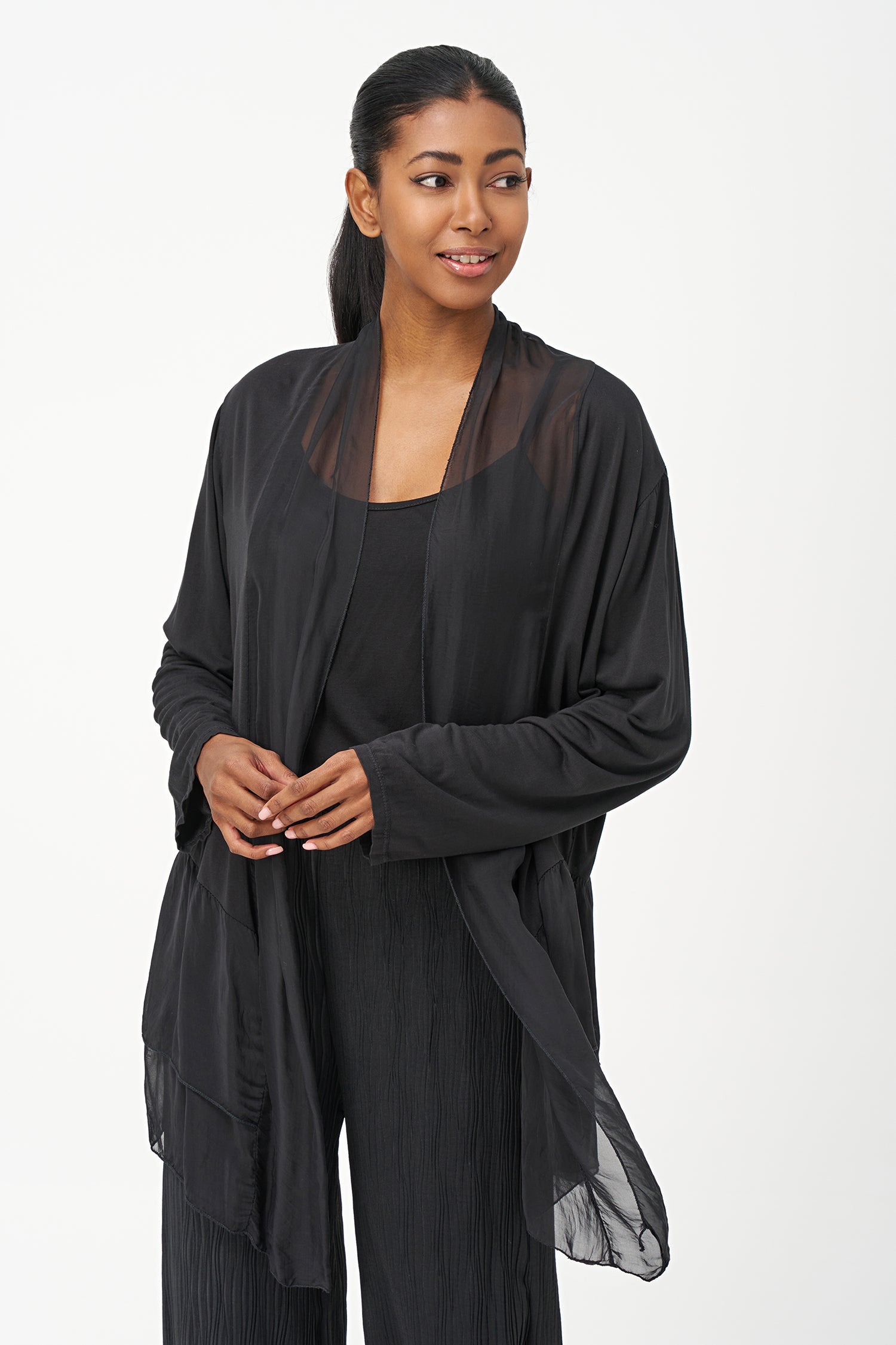 Women's Woven And Knit Combo Cardigan