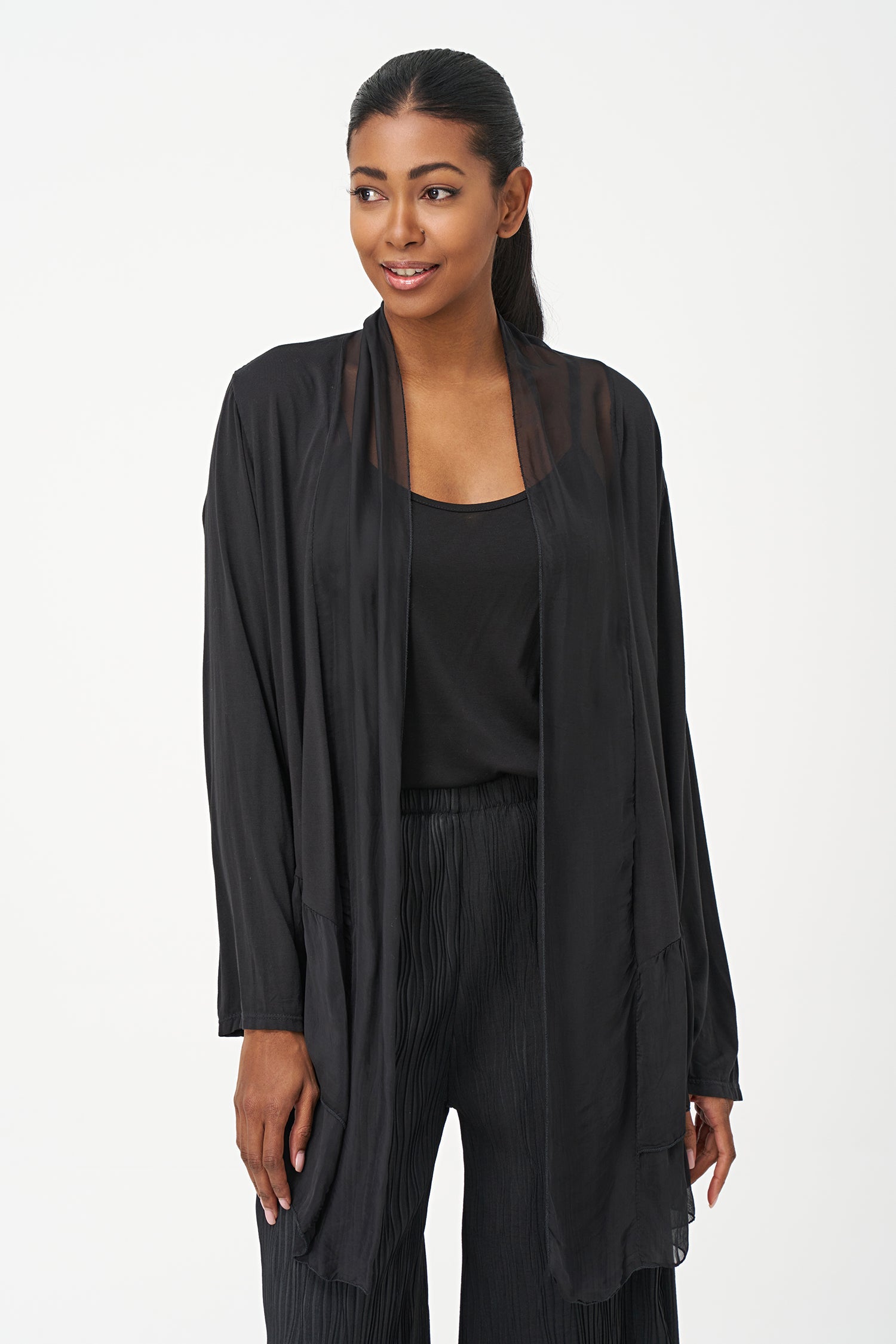 Women's Woven And Knit Combo Cardigan