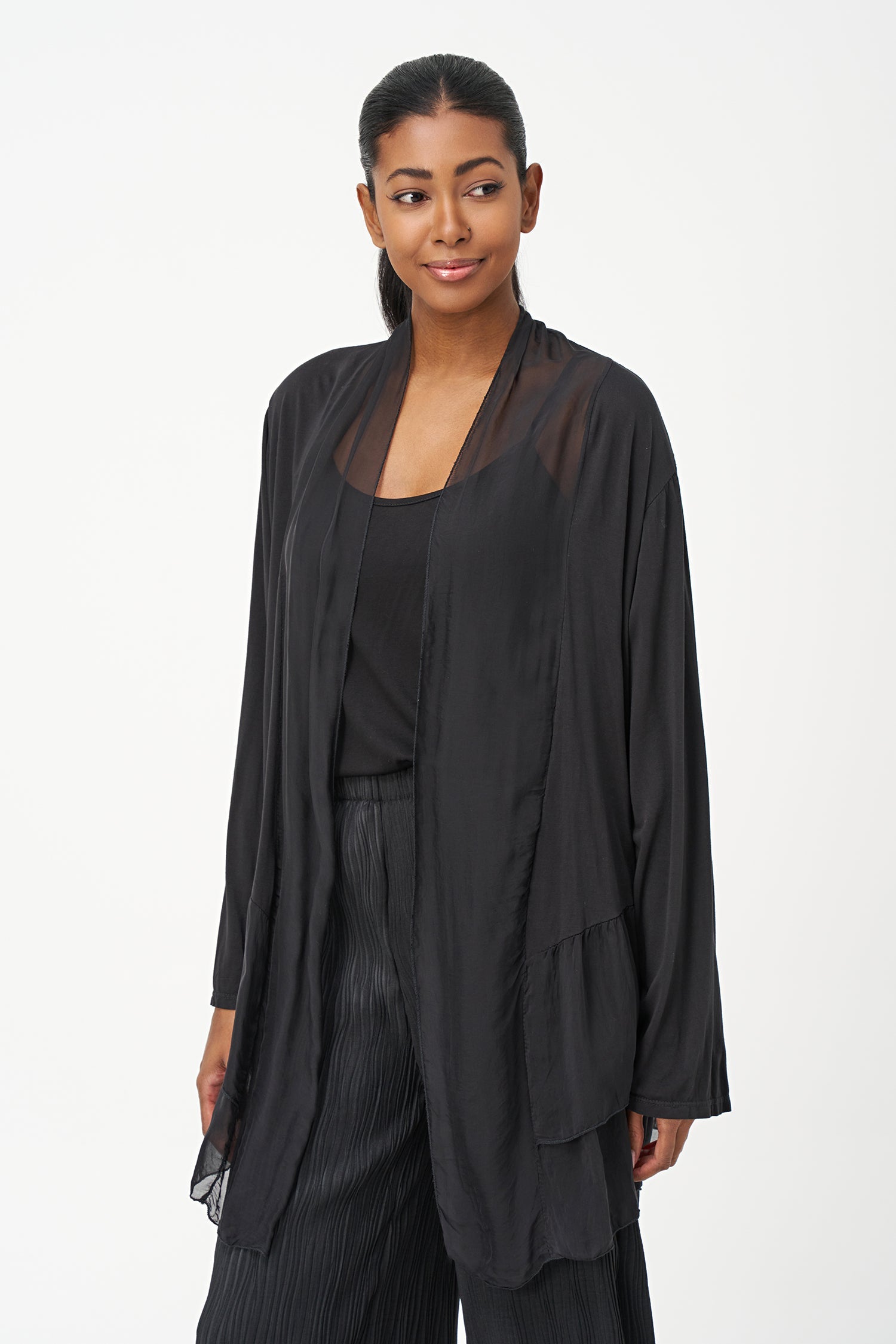 Women's Woven And Knit Combo Cardigan