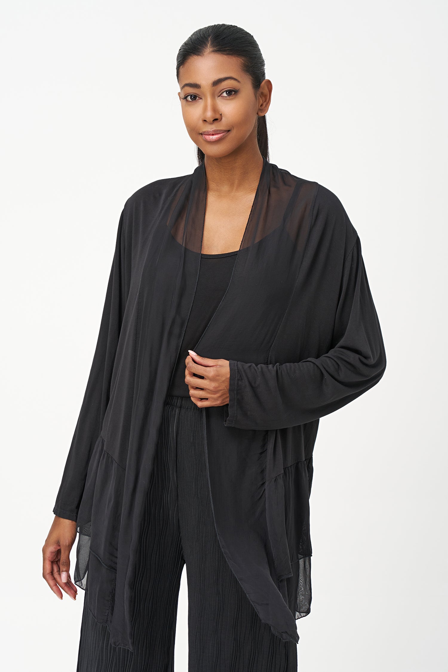 Women's Woven And Knit Combo Cardigan