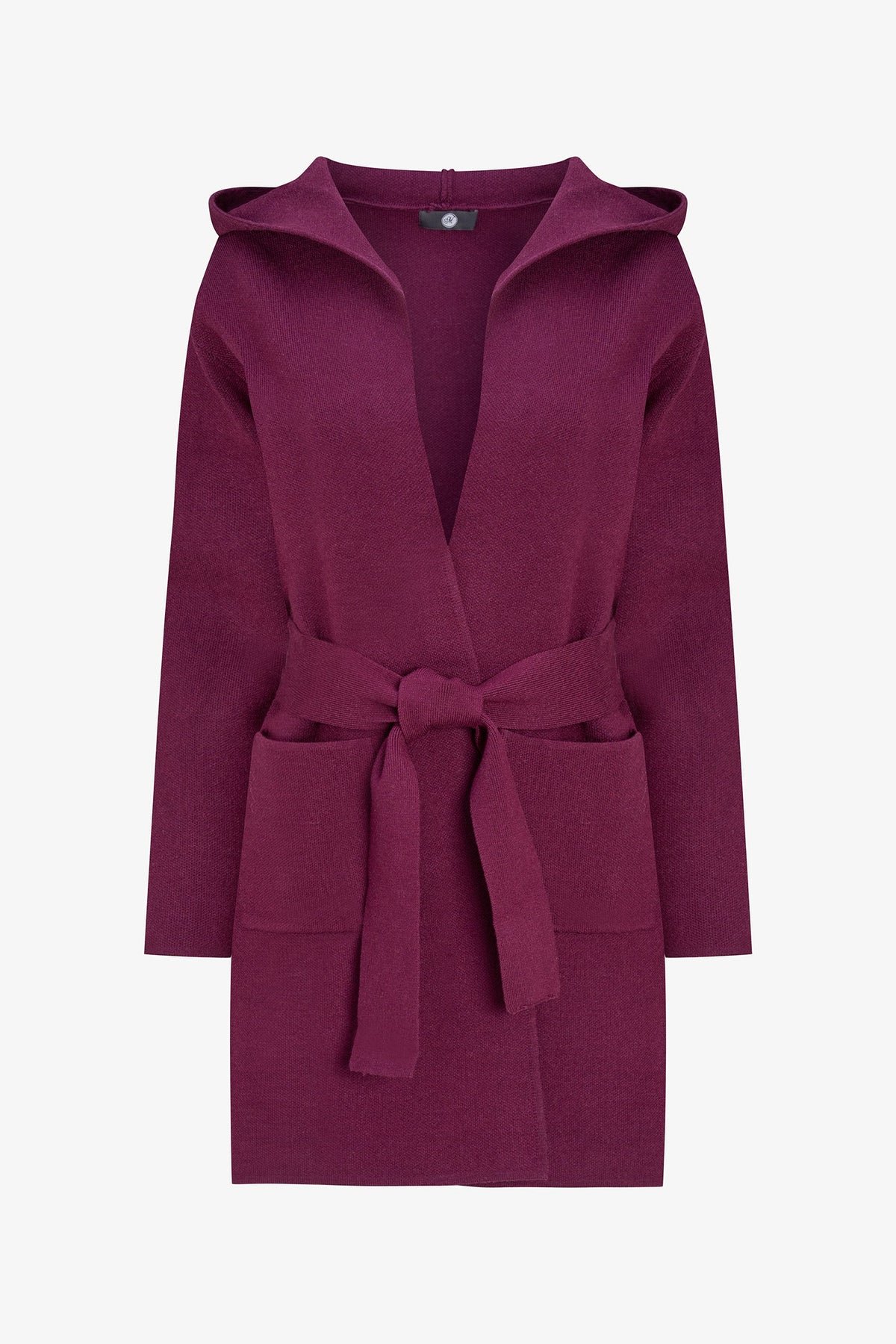 A plum purple hooded wrap coat with a matching waist tie belt, displayed on a clean white background.