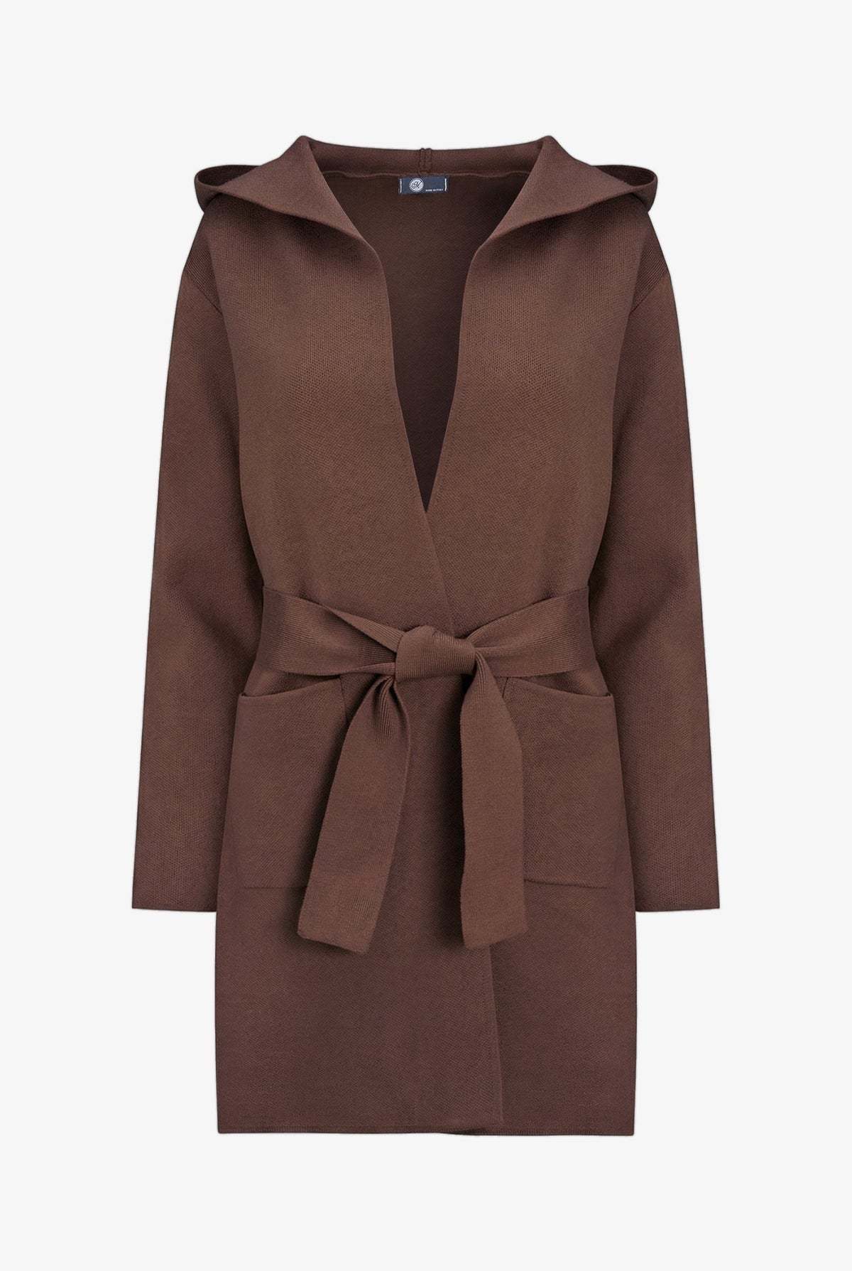A brown hooded wrap coat with a matching waist tie, displayed on a clean white background.