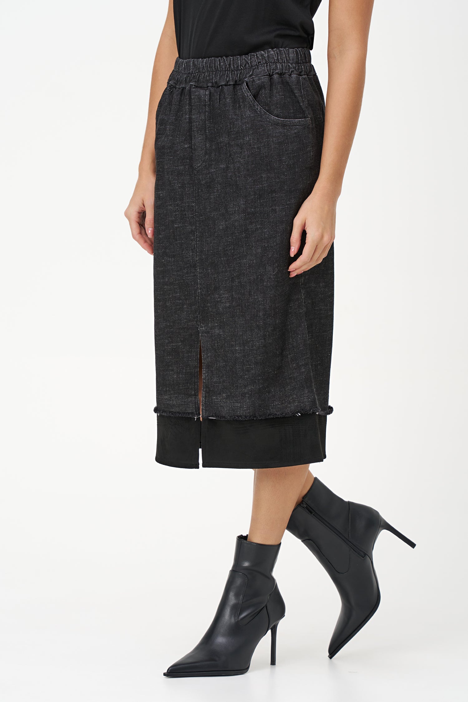 Women's Woven Denim And Faux Suede Combo Pull-On Skirt With A Front Slit