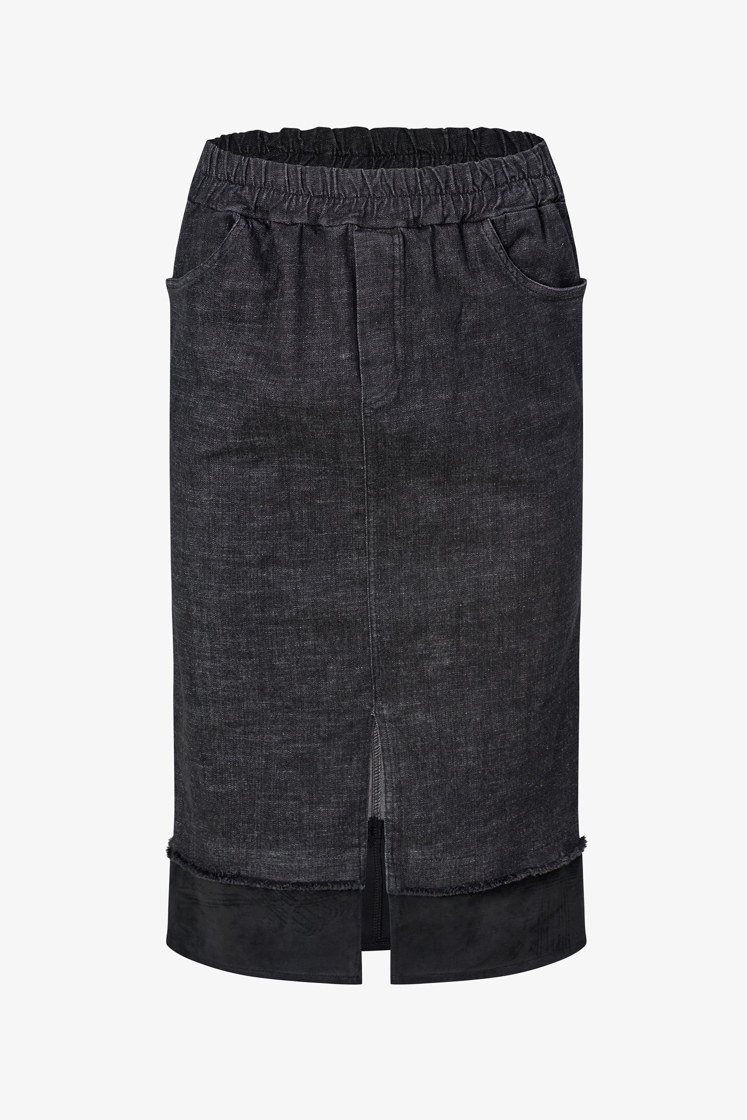 Women's Woven Denim And Faux Suede Combo Pull-On Skirt With A Front Slit