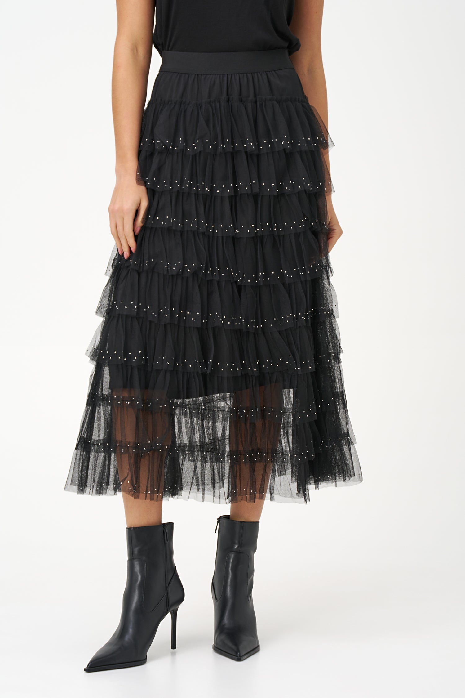 Women's knit tiered pull-on skirt, with decorative studs
