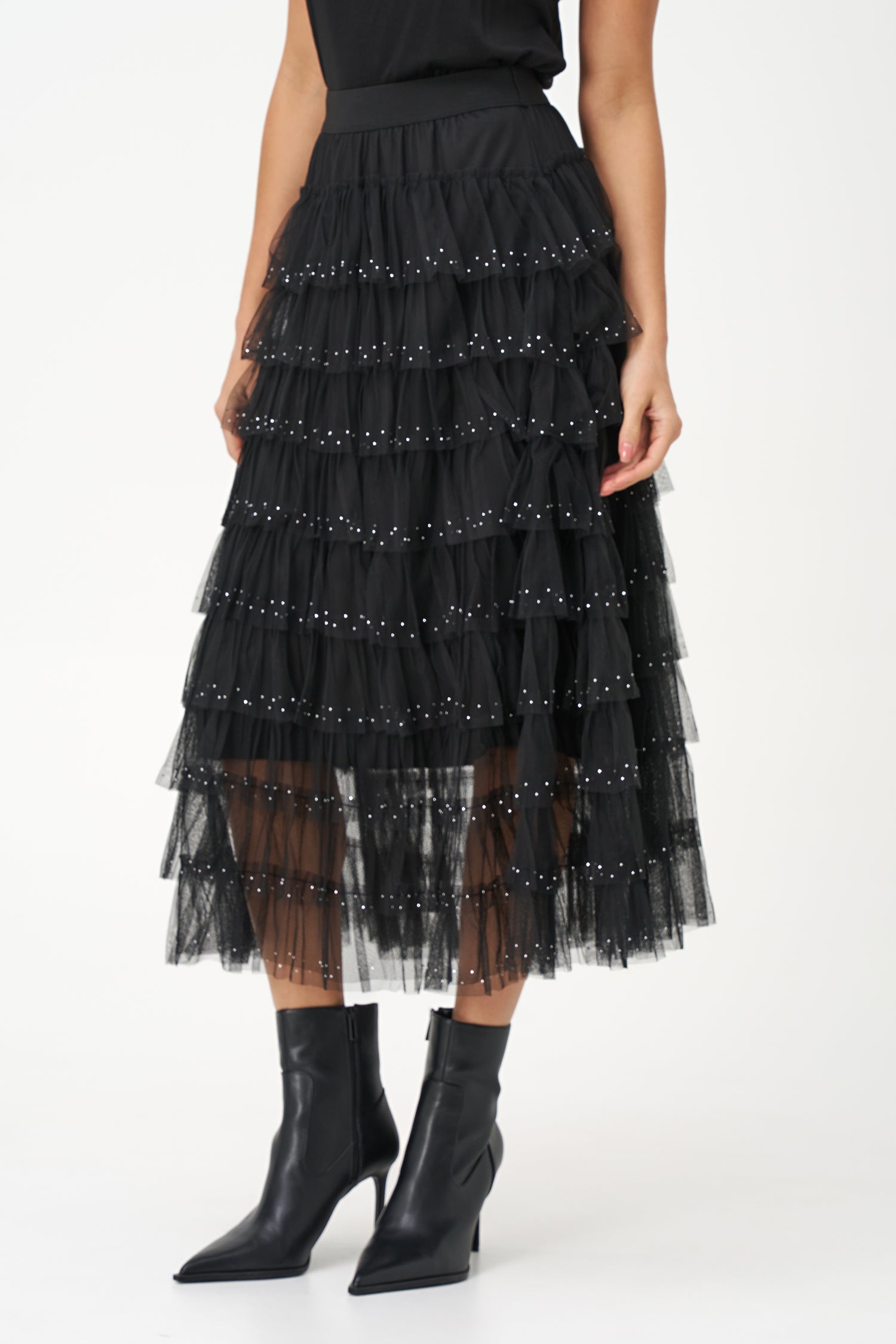 Women's knit tiered pull-on skirt, with decorative studs