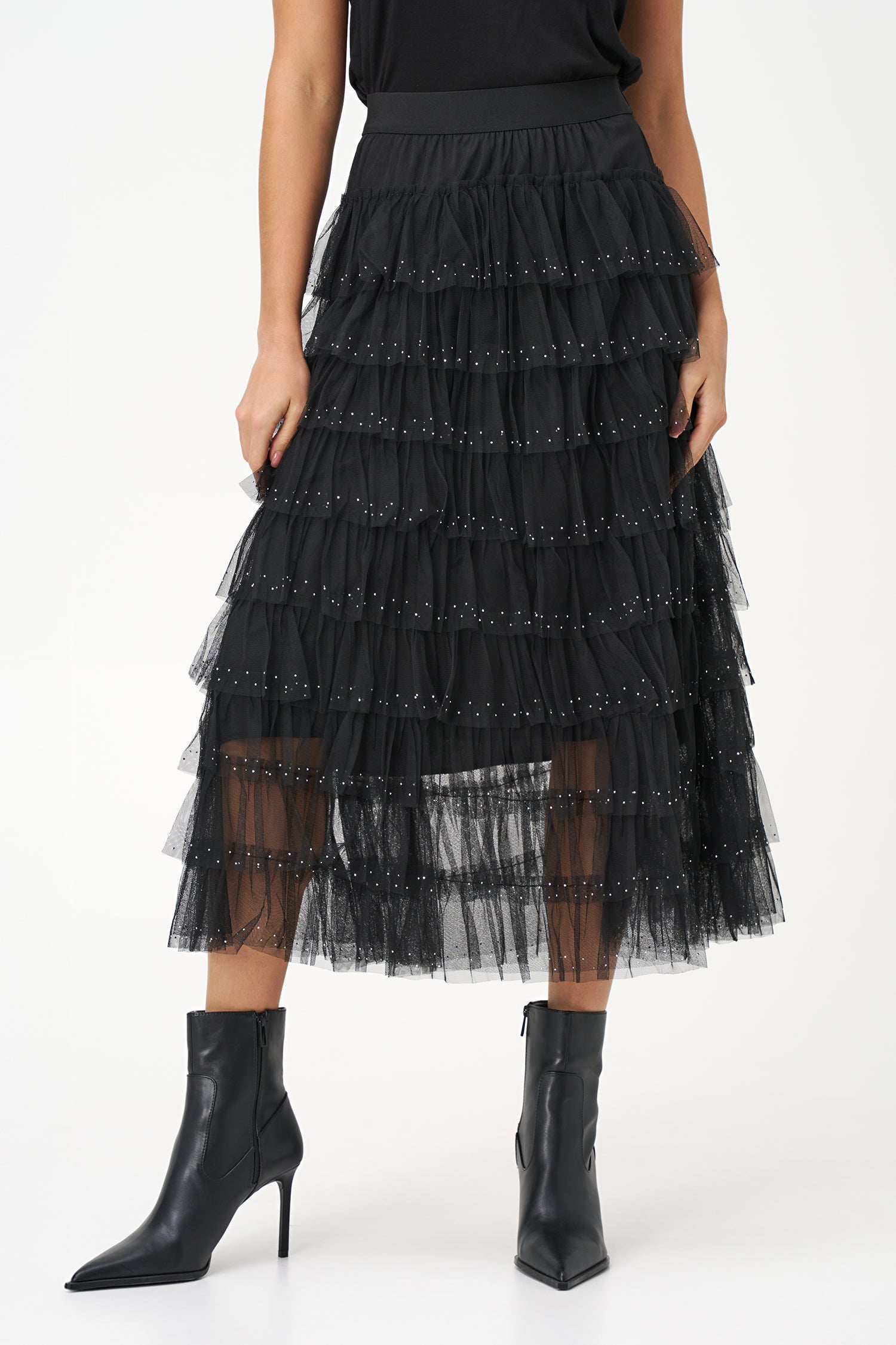 Women's knit tiered pull-on skirt, with decorative studs