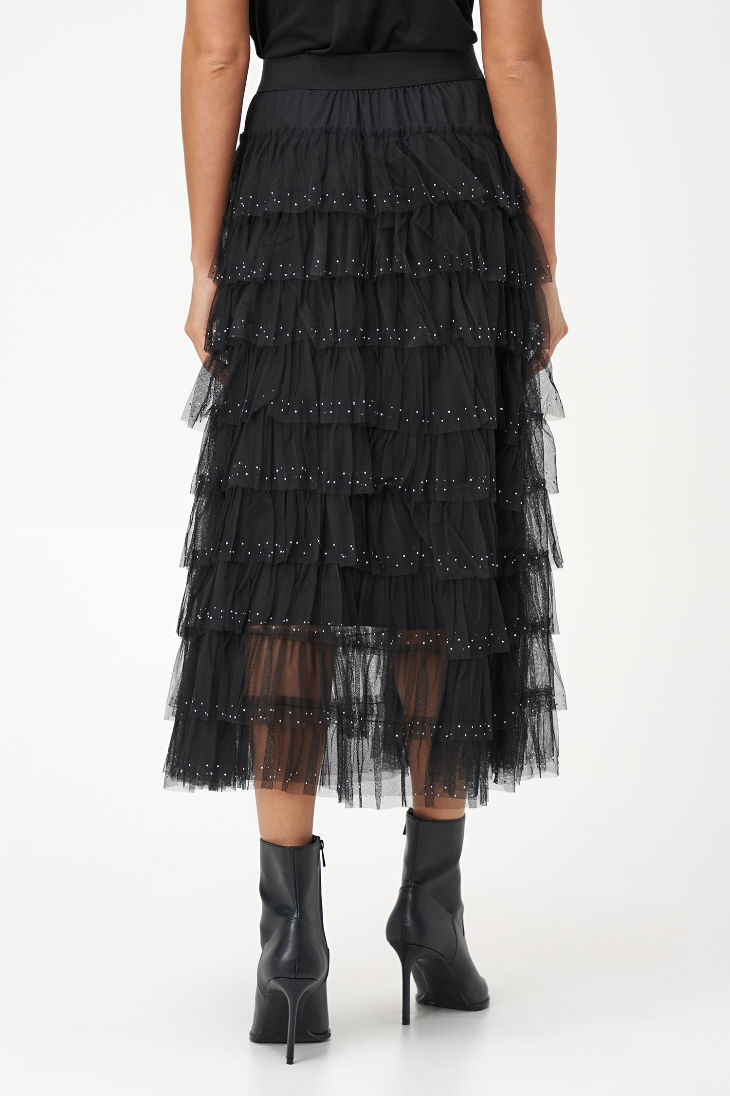 Women's knit tiered pull-on skirt, with decorative studs