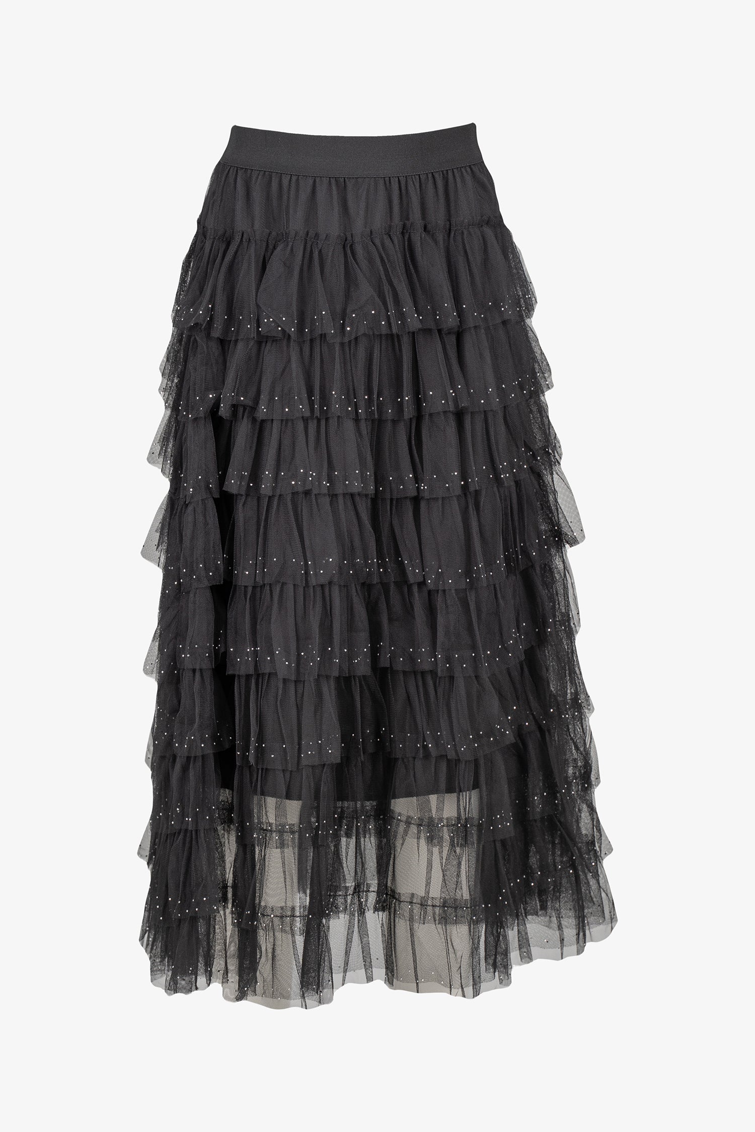 Women's knit tiered pull-on skirt, with decorative studs