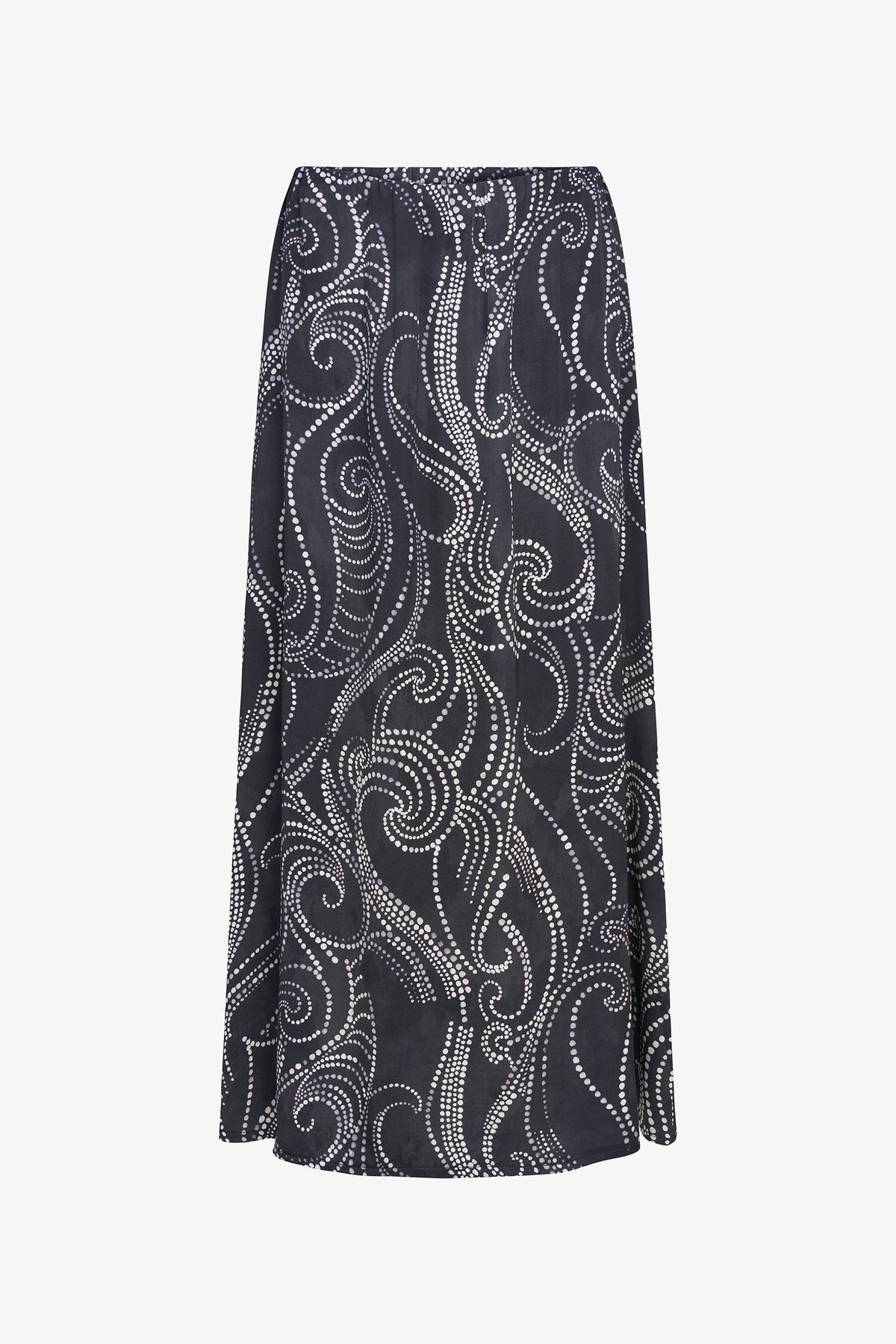 A black midi skirt with a white abstract paisley and swirl pattern, shown flat against a light gray background.