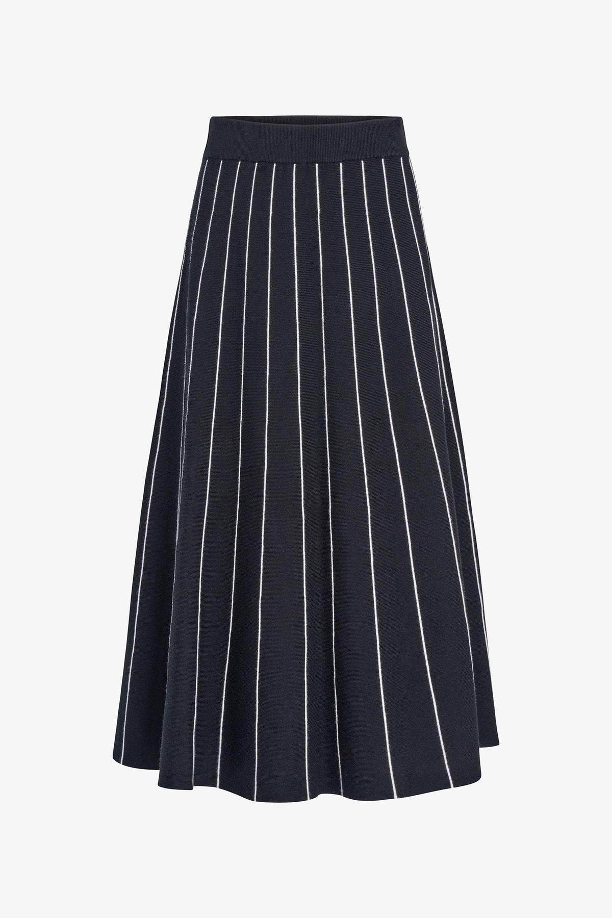A black pleated midi skirt with thin white vertical pinstripes, shown against a plain white background.