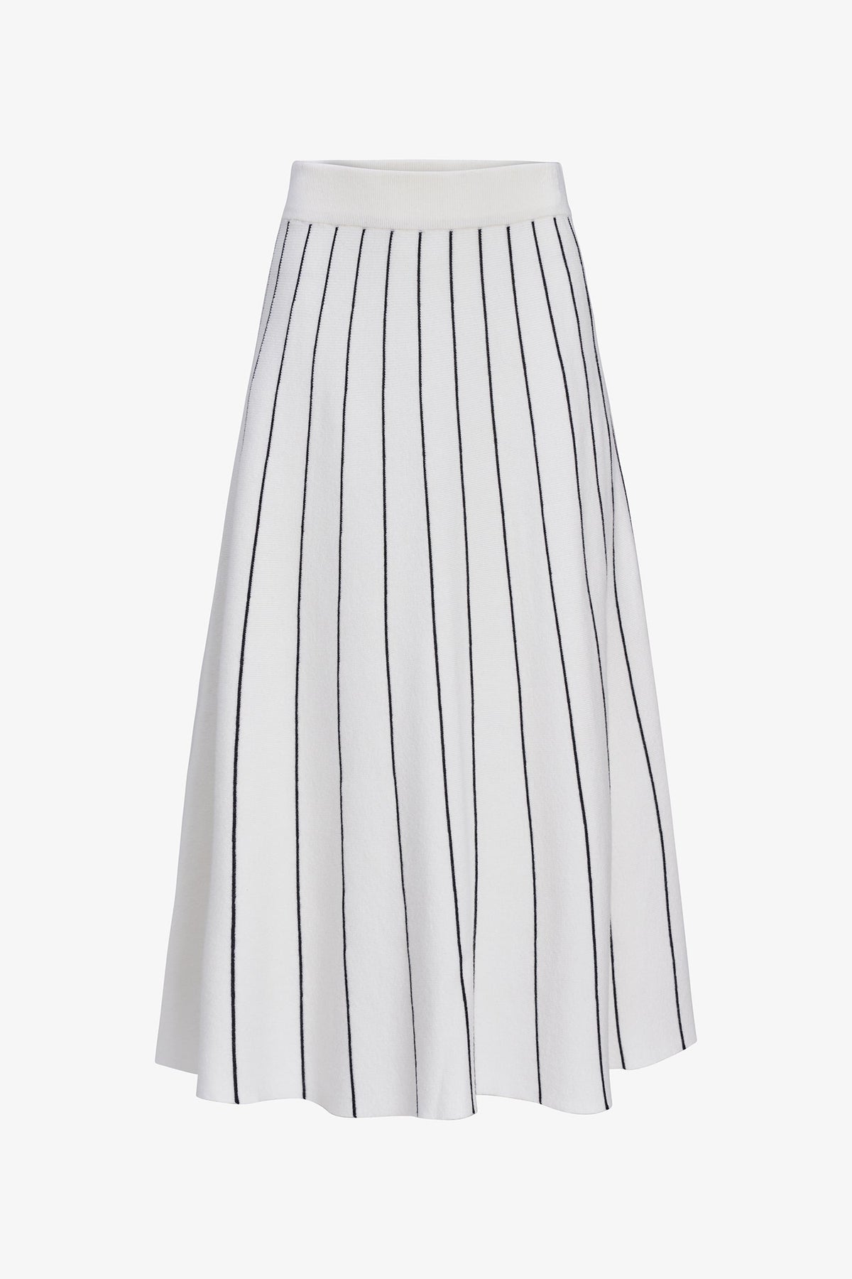 A white pleated A-line skirt with thin vertical black pinstripes, shown against a plain white background.