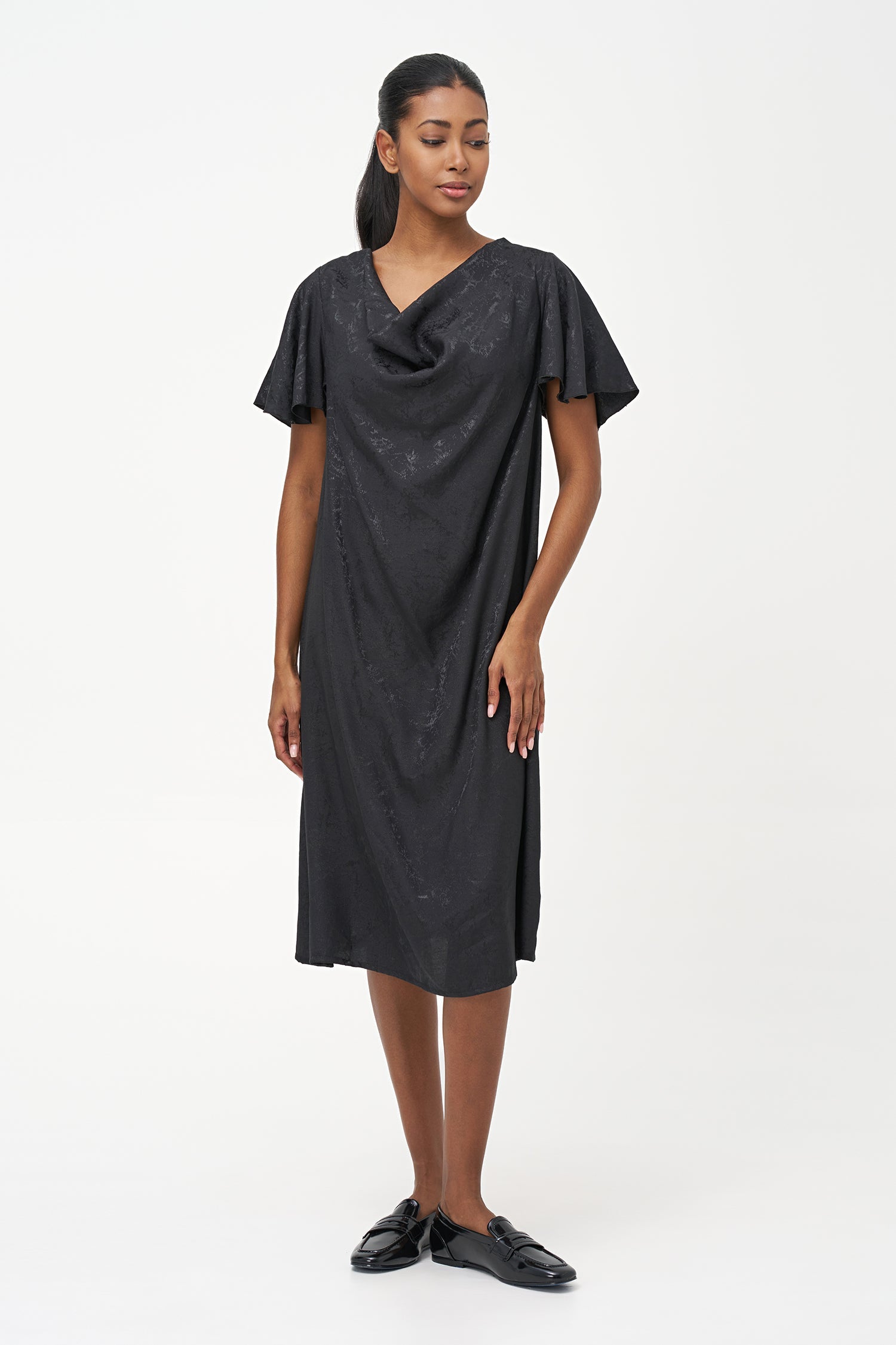 Women’s woven cowl-neckline dress, with flowing sleeves
