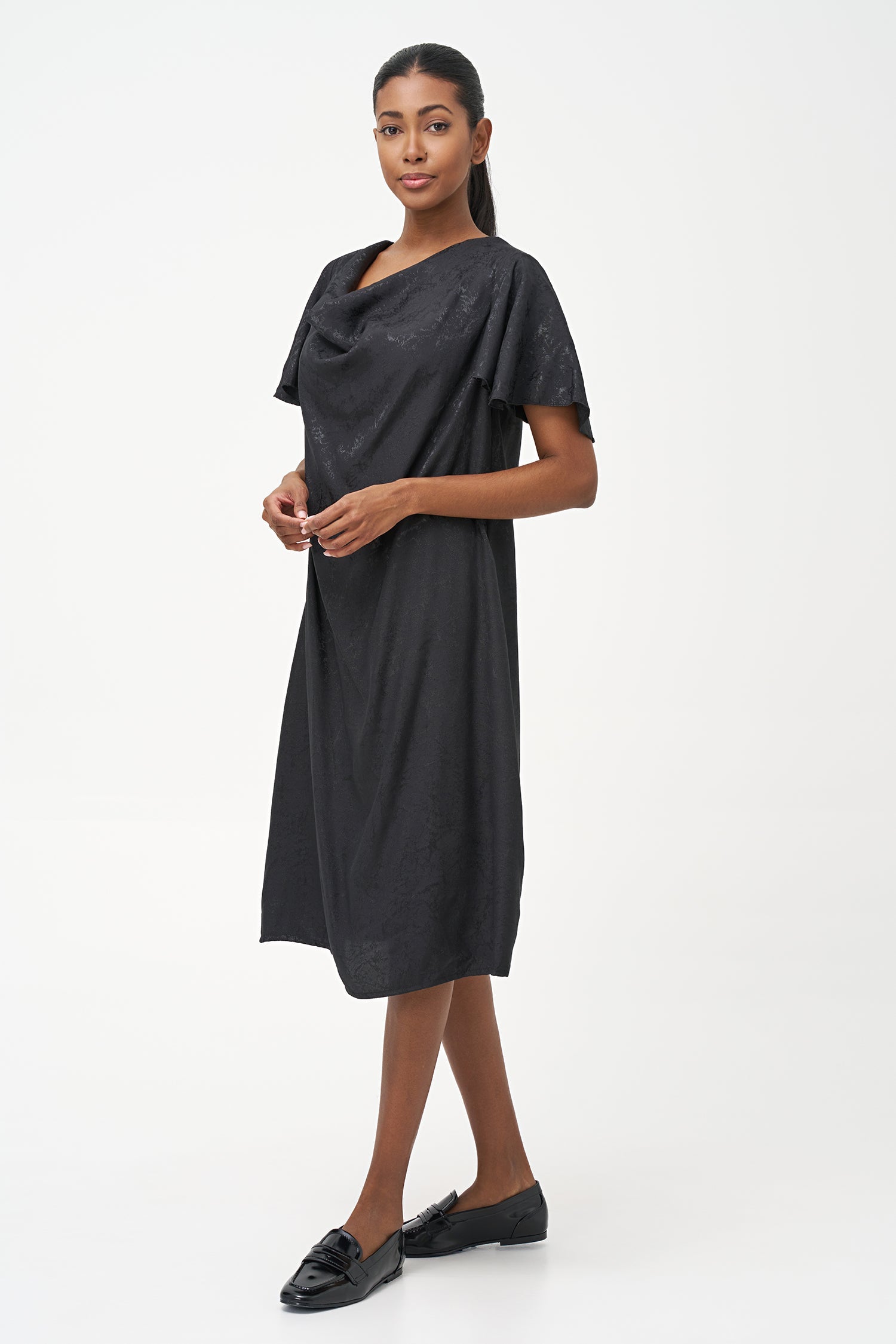 Women’s woven cowl-neckline dress, with flowing sleeves