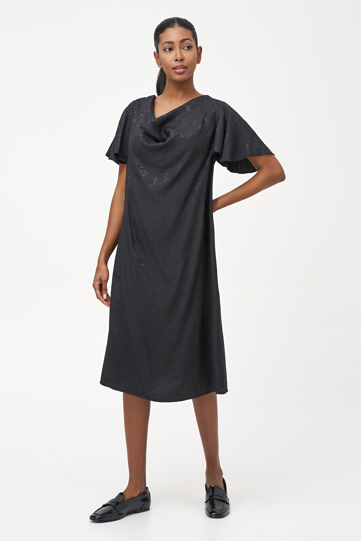 Women’s woven cowl-neckline dress, with flowing sleeves