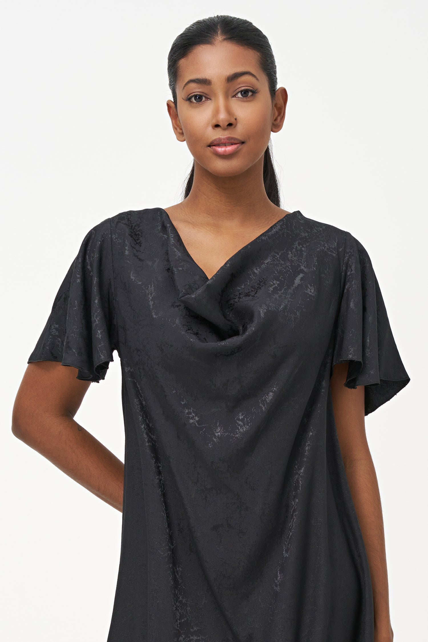 Women’s woven cowl-neckline dress, with flowing sleeves