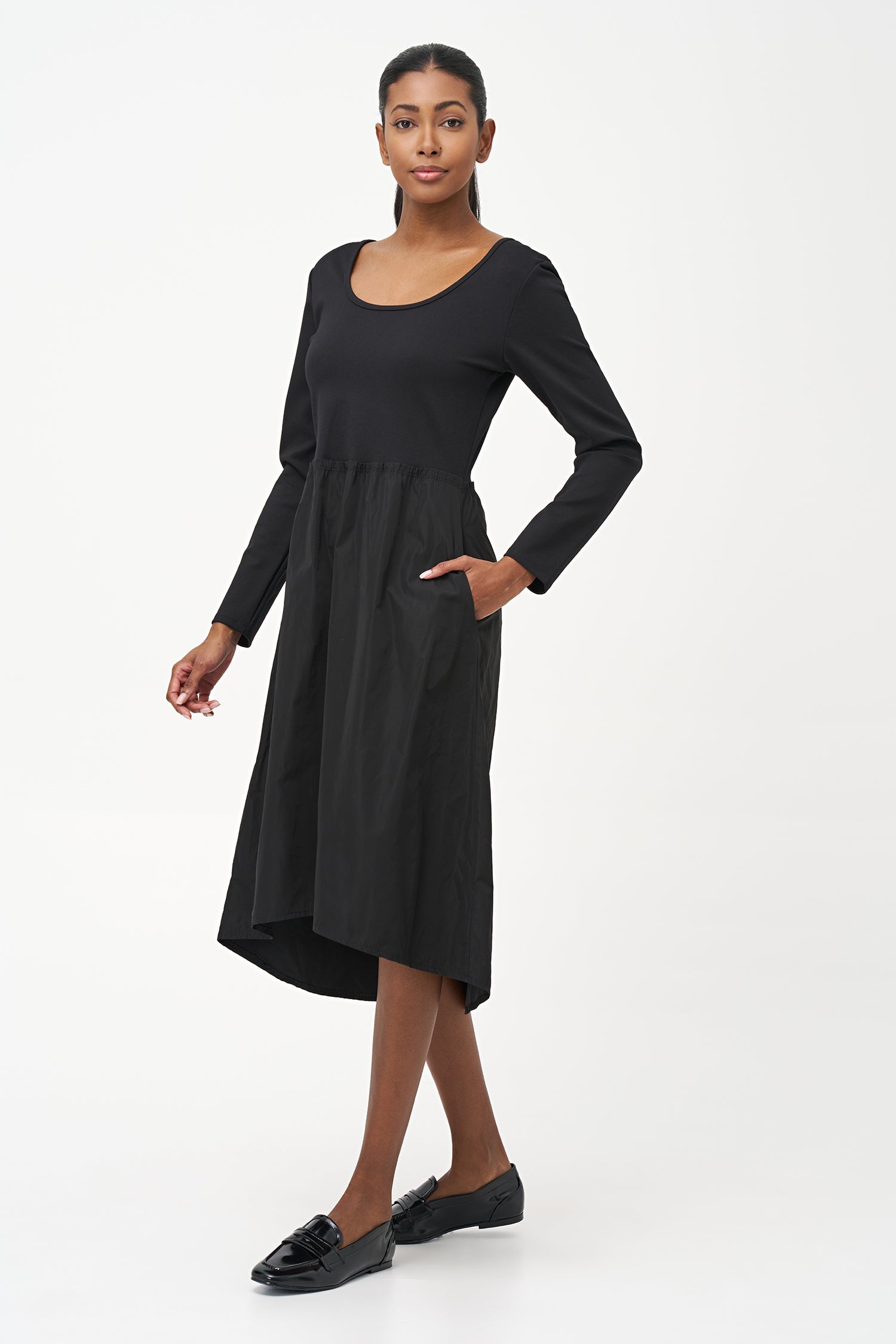 Women's Knit & Woven Combo Knee-Length Scoop-Neck Dress