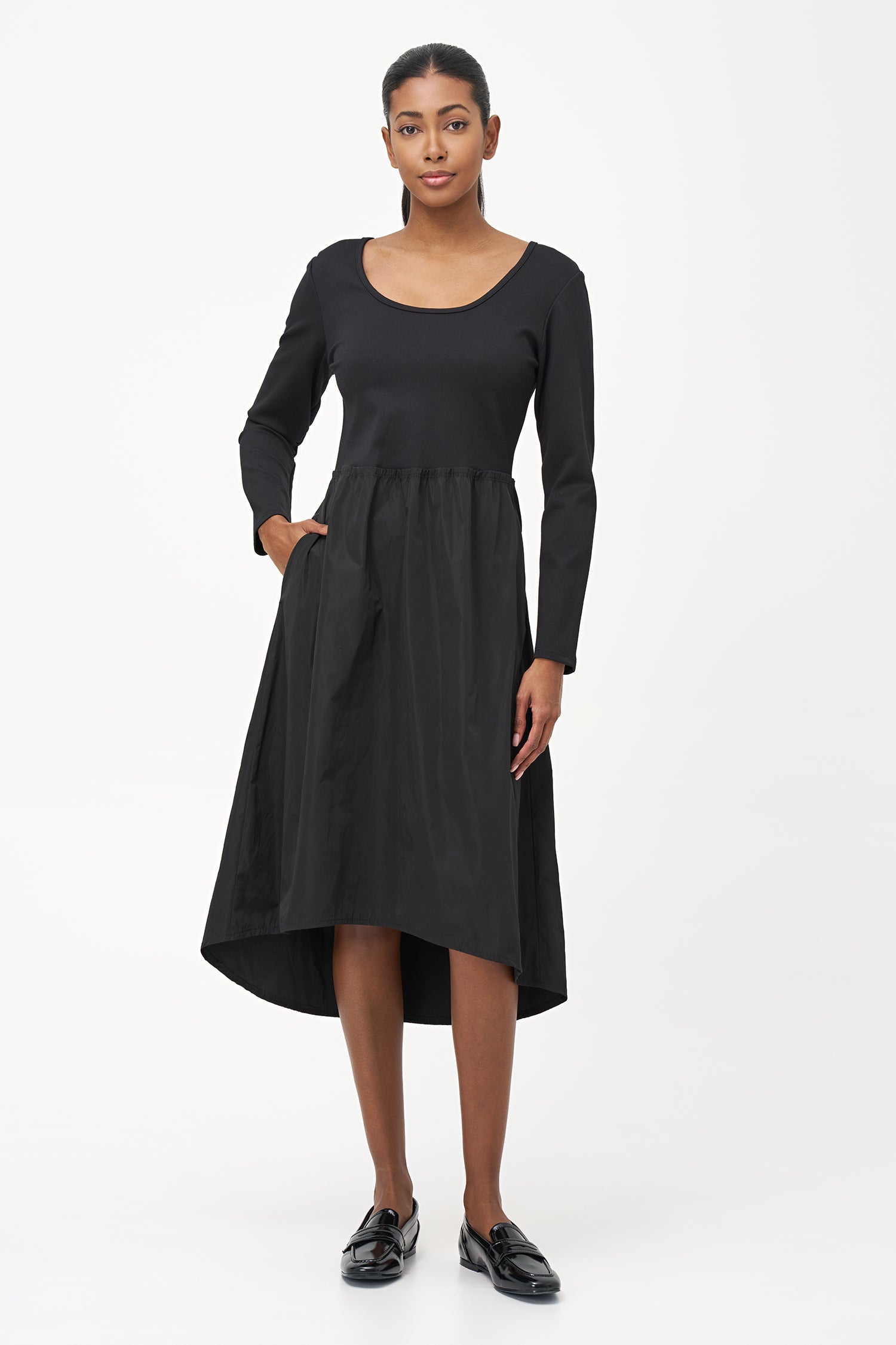 Women's Knit & Woven Combo Knee-Length Scoop-Neck Dress