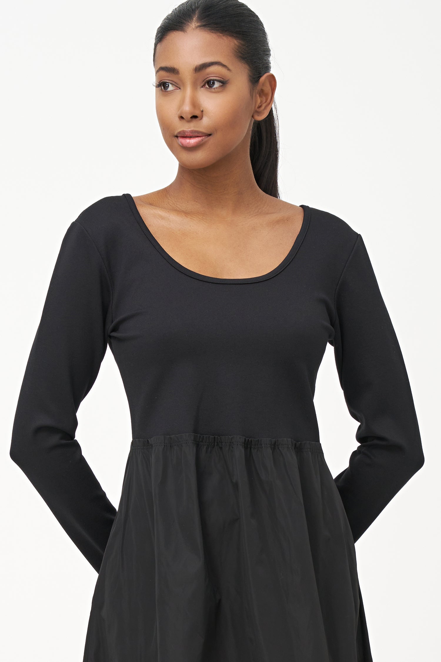 Women's Knit & Woven Combo Knee-Length Scoop-Neck Dress